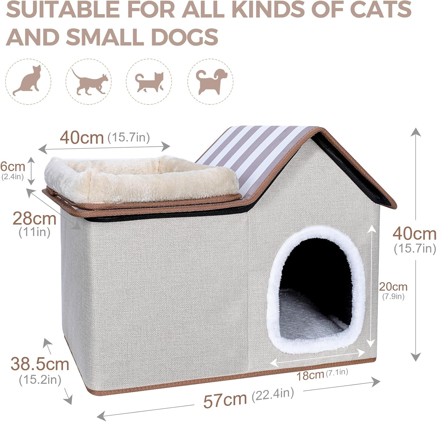 Cat House, Cat Nest with Soft Plush Mat, Removable Cushion, Roof and Windows, Indoor/Outdoor Cat House for Small Medium Cats, Gray image number 3
