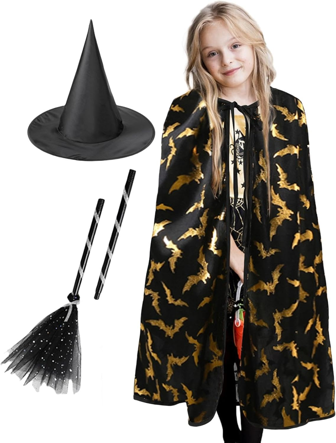Kids Witch Costume,3X Set Halloween Witch Cape Kids - Exquisite Print Children Tie-Up Clothes for Daily Role-Playing