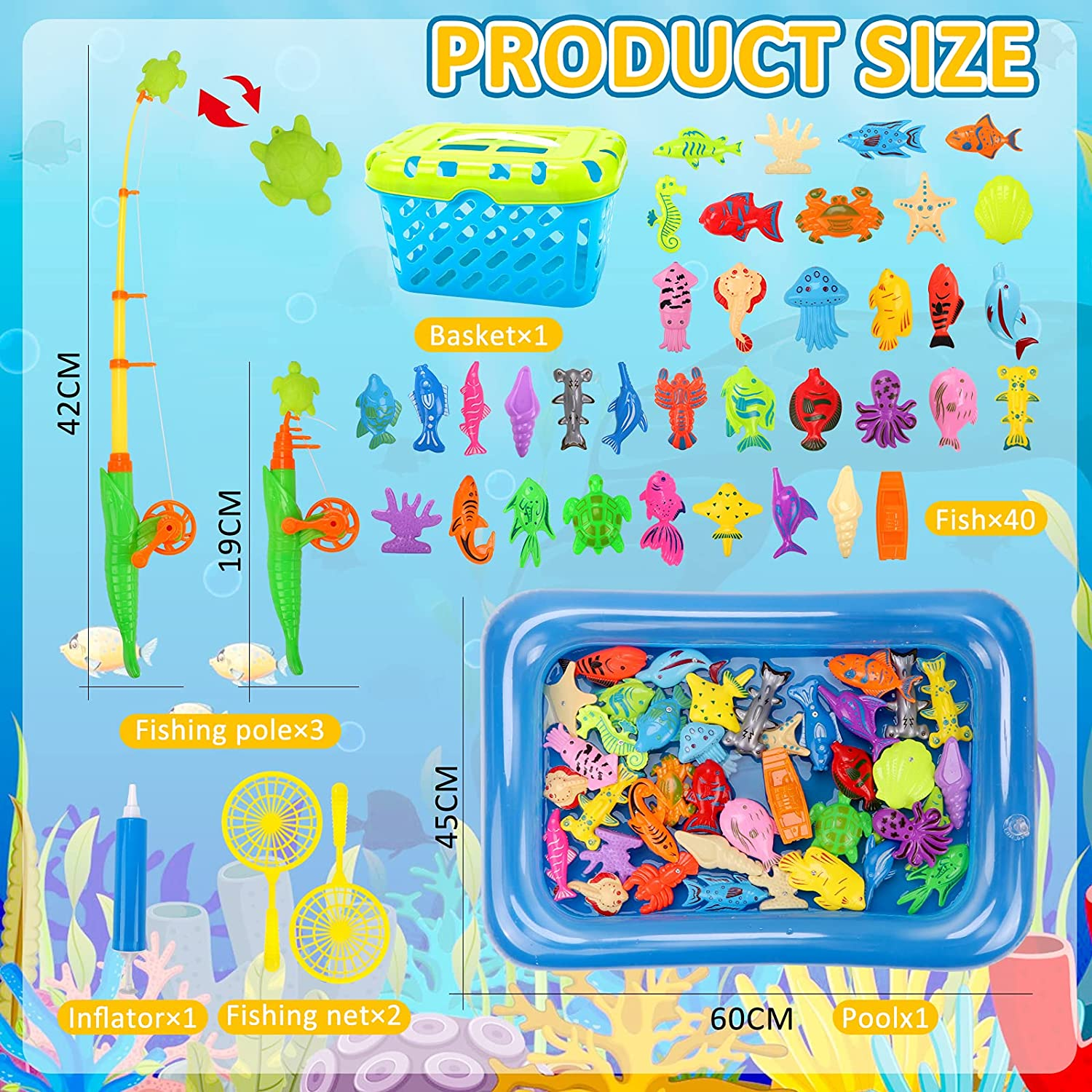 REMOKING Kid Toys 52PCS Fishing Game,Magnetic Toys with Ocean Sea Animal,Fishing Poles,Nets,Inflatable Pool,Toddlers Bathtub Outdoor Carnival Party Set,Gifts for Kids 3-6 Years Old(With Basket) image number 3