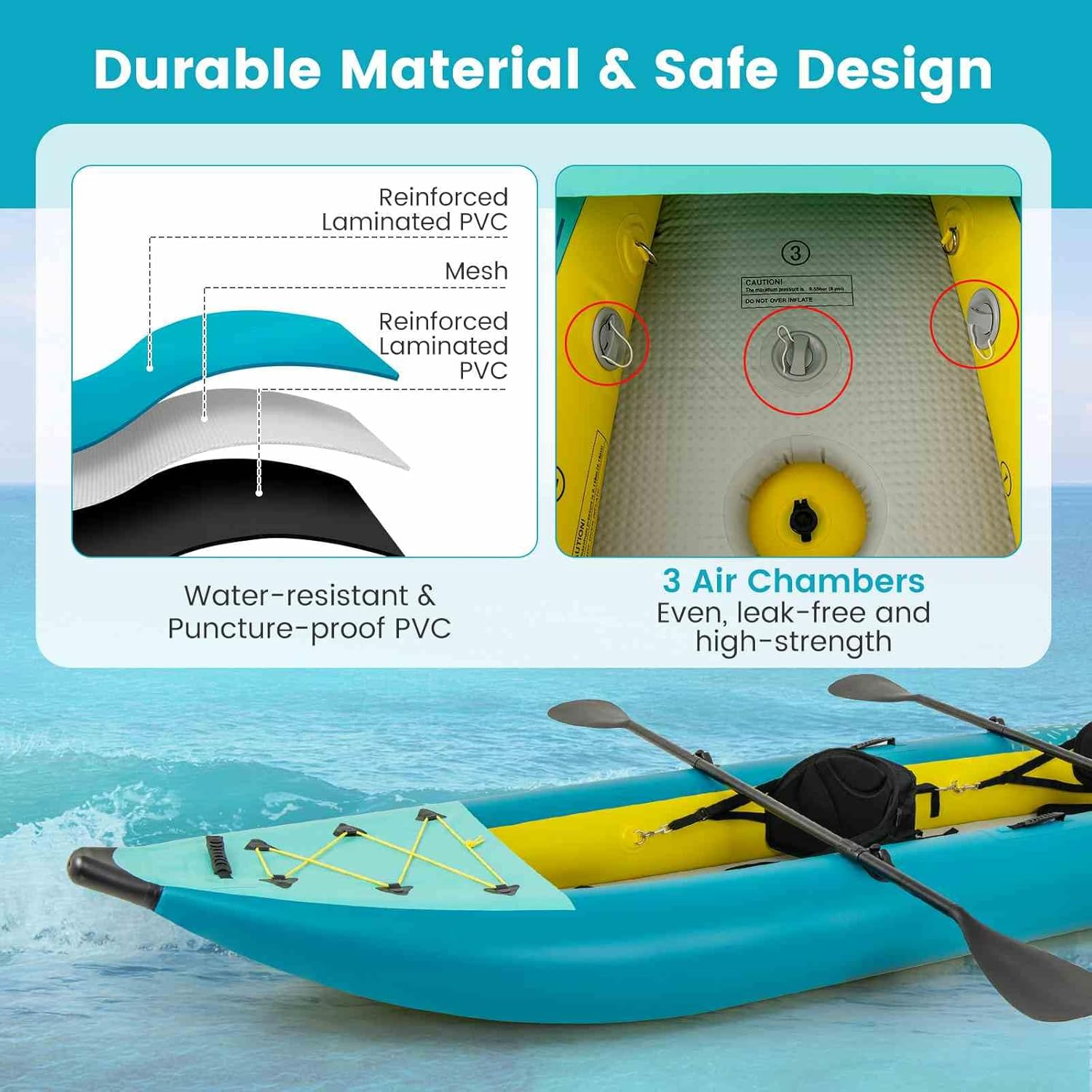 Costway Inflatable Kayak Set, 2-Person Kayak with Aluminium Oars, EVA Padded Seat, High Back Support, Hand Pump & Repair Kit, 230 Kg Weight Capacity, Portable Kayak with Carry Bag - Blue image number 6