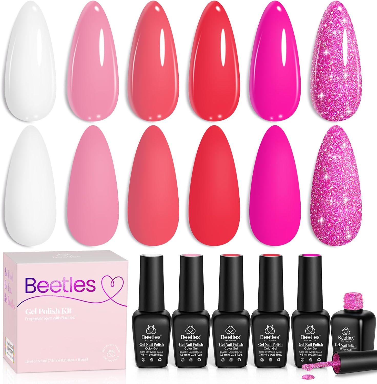 Beetles Gel Nail Polish Set - 6 Colors Pink Rose Red Spring Summer Nail Gel Kit Sweetheart Candies Collection Pink Glitter Valentine'S Day Nails for Women Girlfriend Soak off U V LED Gel Manicure Kit image number 1