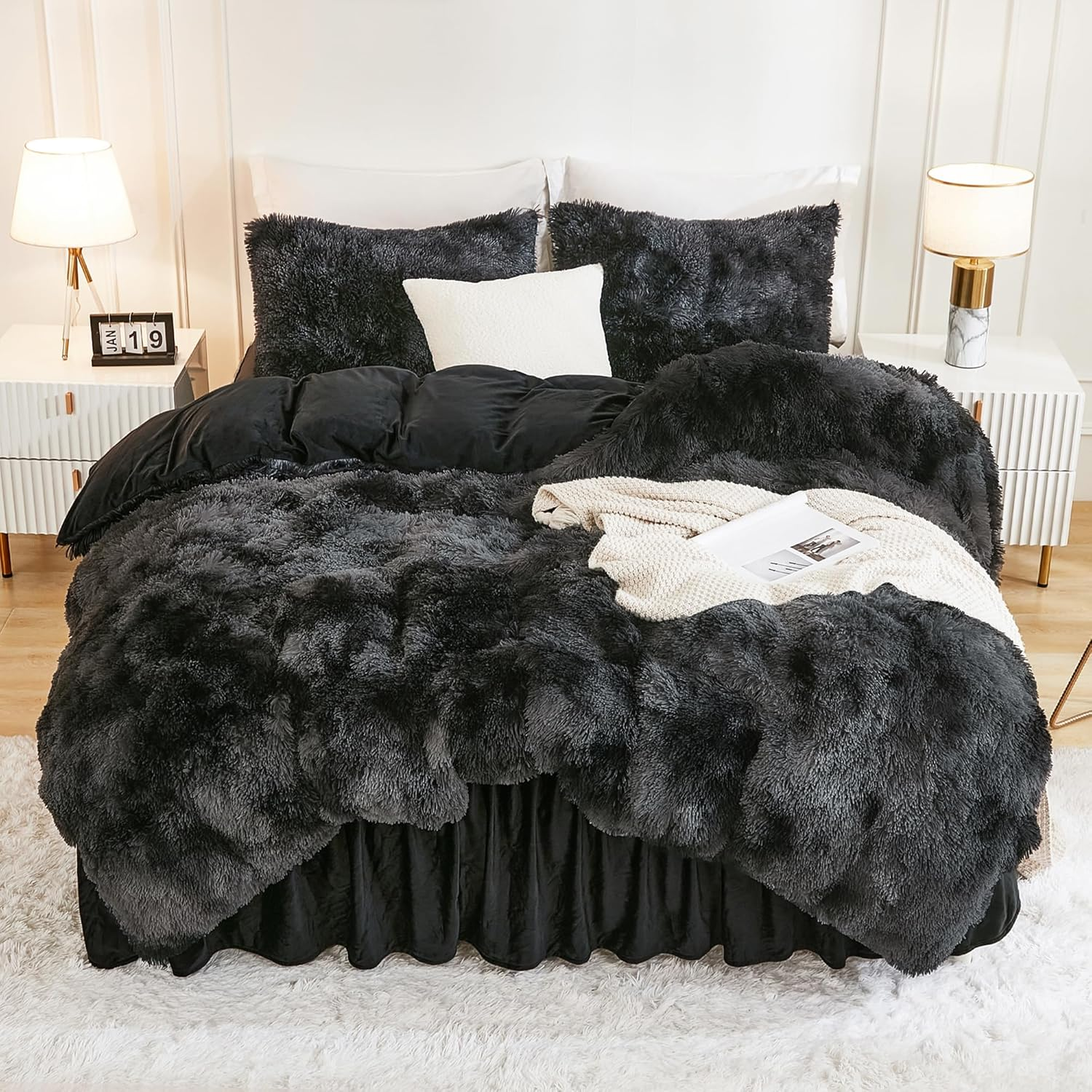 Andency Faux Fur Tie-Dyed Black Grey Comforter for Queen Size Bed, 3 Pieces Fluffy Fuzzy Plush Bedding Set (1 Shaggy Velvet Comforter & 2 Pillowcases), Soft Puffy down Bedding Set image number 3