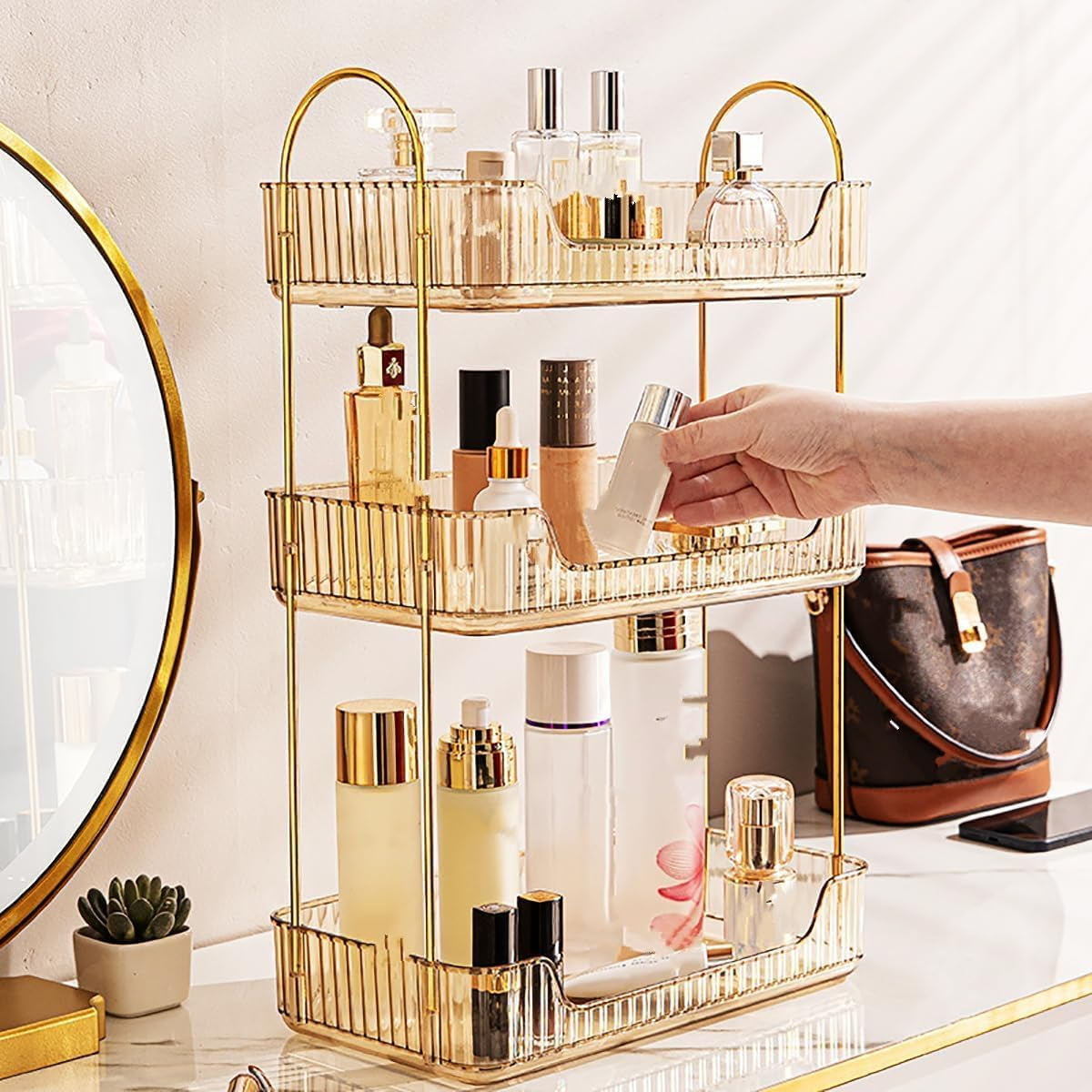 Vanity Trays for Bathroom, Skincare Makeup Organizer Shelf, Bathroom Counter Shelf, (GD, 3Tier) image number 1