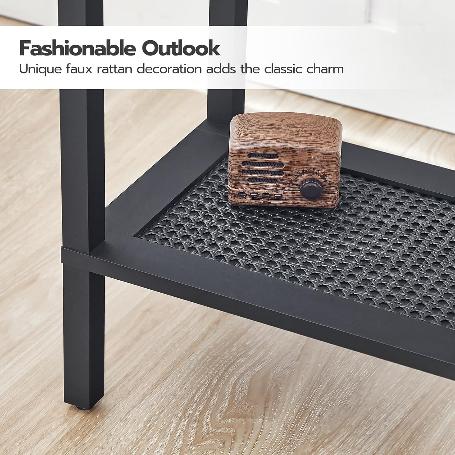 HOOBRO End Table, Small Side Table with 2-Tier Storage Shelves, Nightstand with Faux Rattan Decoration, for Living Room, Bedroom, Rustic Brown and Black BF91BZ01 image number 1