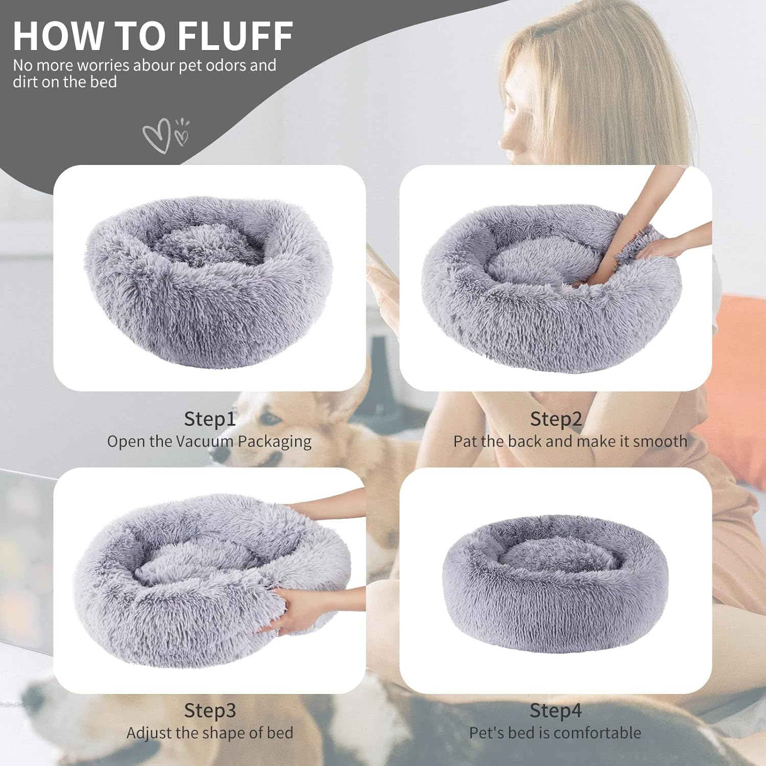 Calming Dog Bed, Cat Bed Pet Bed Pet Mat round Fluffy Soft Non-Slip Pet Bed for Indoor Machine Washable Donut Self Warming Calming Pet Nest for Small Dogs Kittens,Dog Nest (D60Cm, Light Grey) image number 6