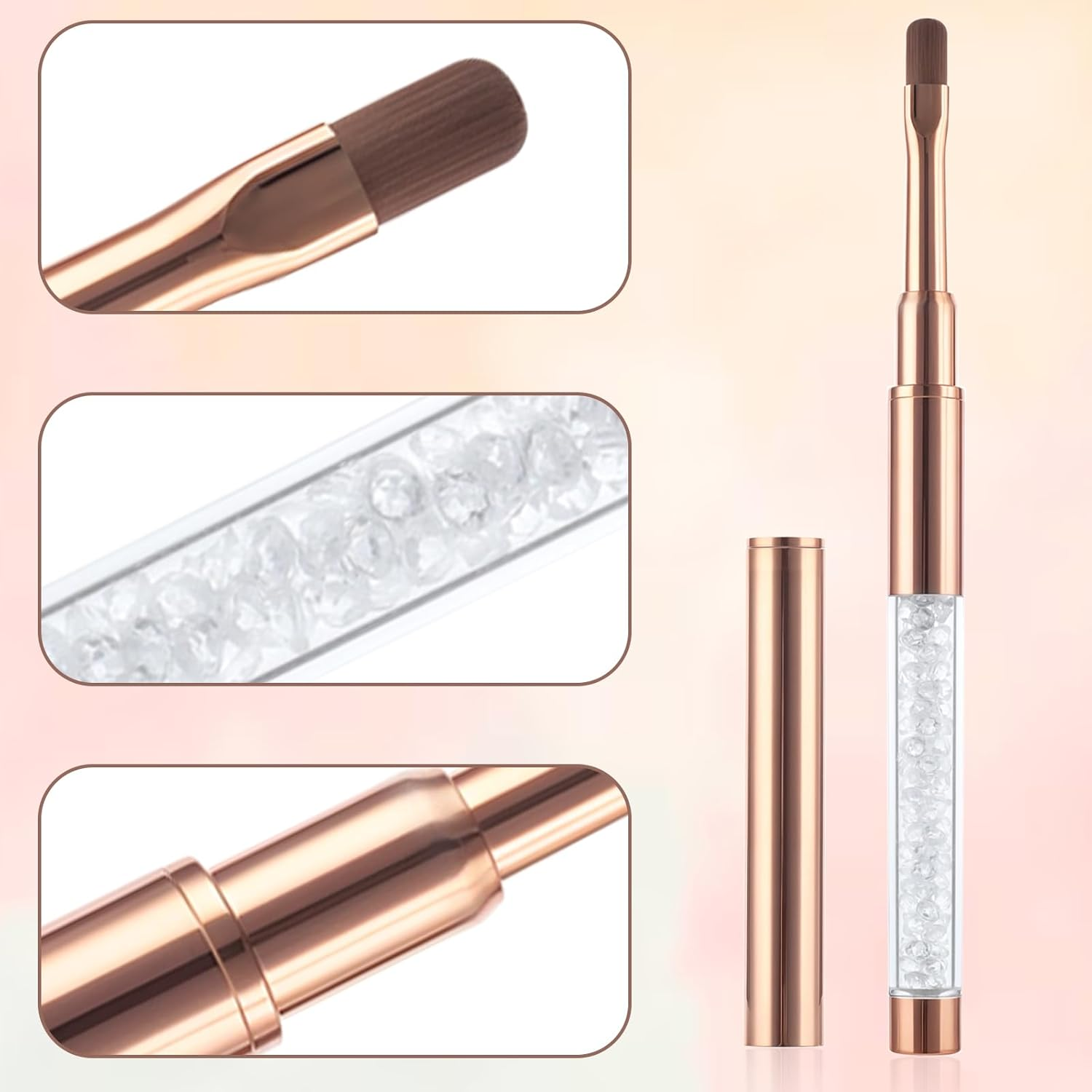 Larrel Pack of 2 Gel Brushes for Nails, Flat Nail Brushes with Lid, Rose Gold Nail Art Brush, Gel Brush, Nail Brush, UV Rhinestone Handle, Painting Brush, Gel Nail Art Brush for Nail Design, Nail Art image number 2