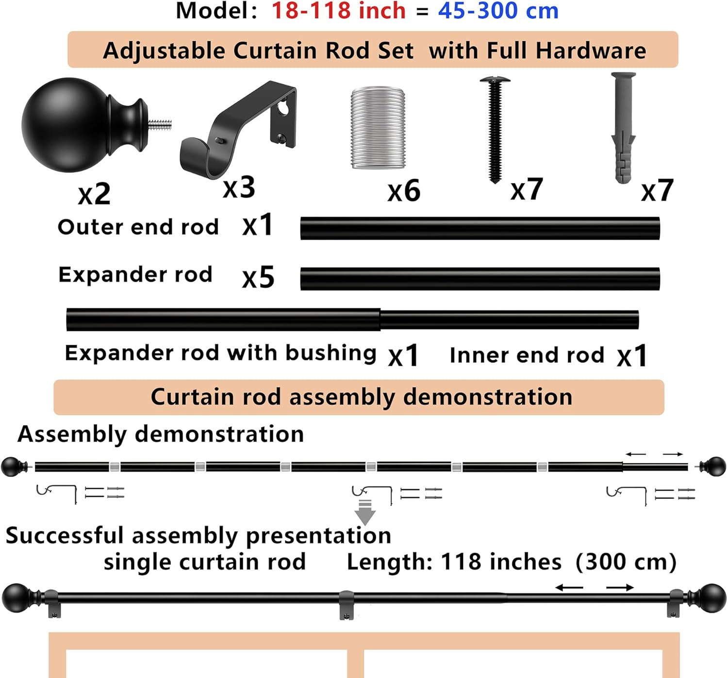 Curtain Rods 300 Cm for Window 279 Cm, Adjustable Length Heavy Duty Diameter 2.2 Cm, Ball Finials Black