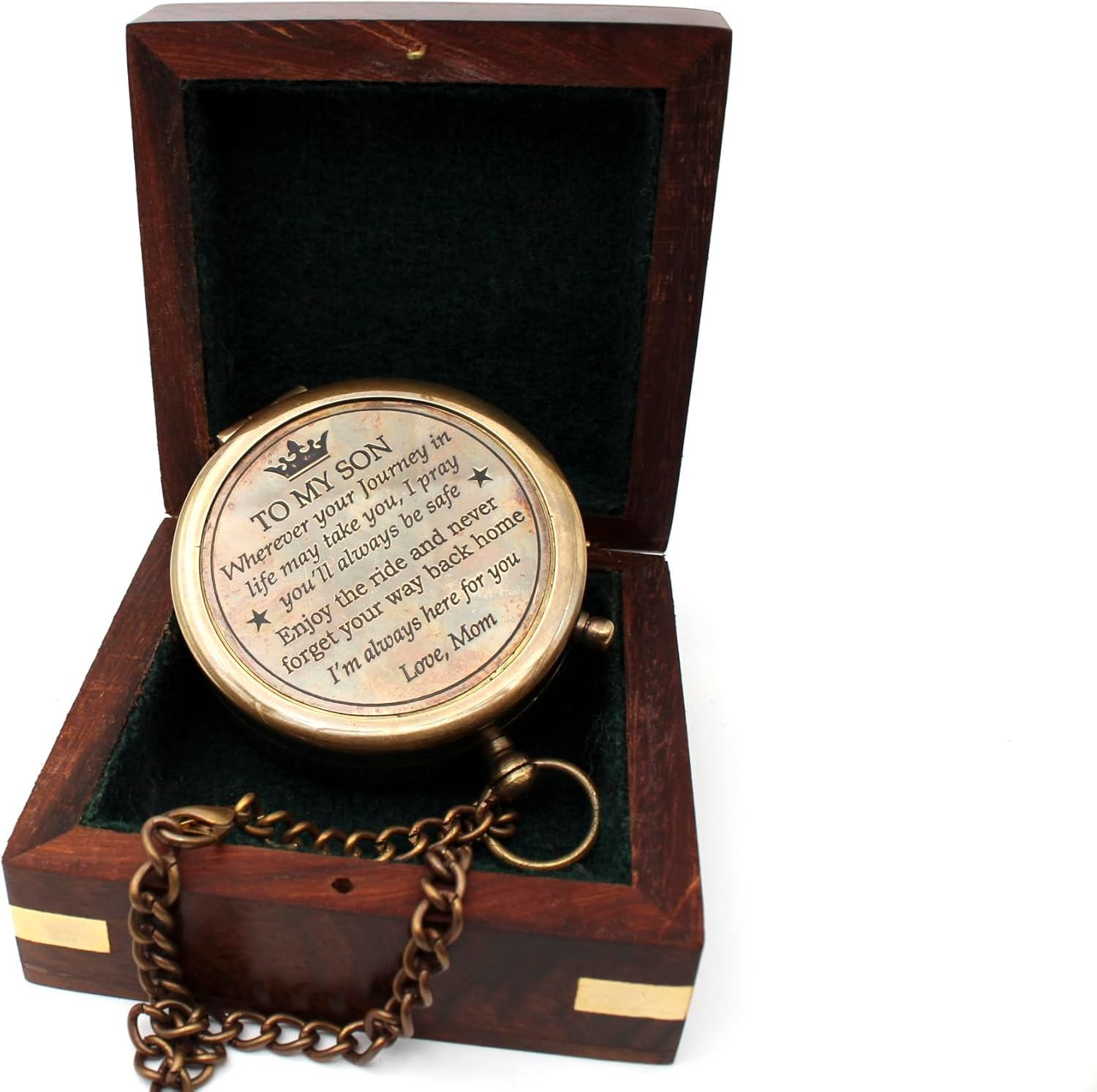 US HANDICRAFTS Brass Compass with Wooden Case Mom to Son Compass &ndash; to My Son Love Mom &ndash; Engraved Compass Mother to Son Gifts Graduation Day Gifts for Son| Brown Antique Bronze