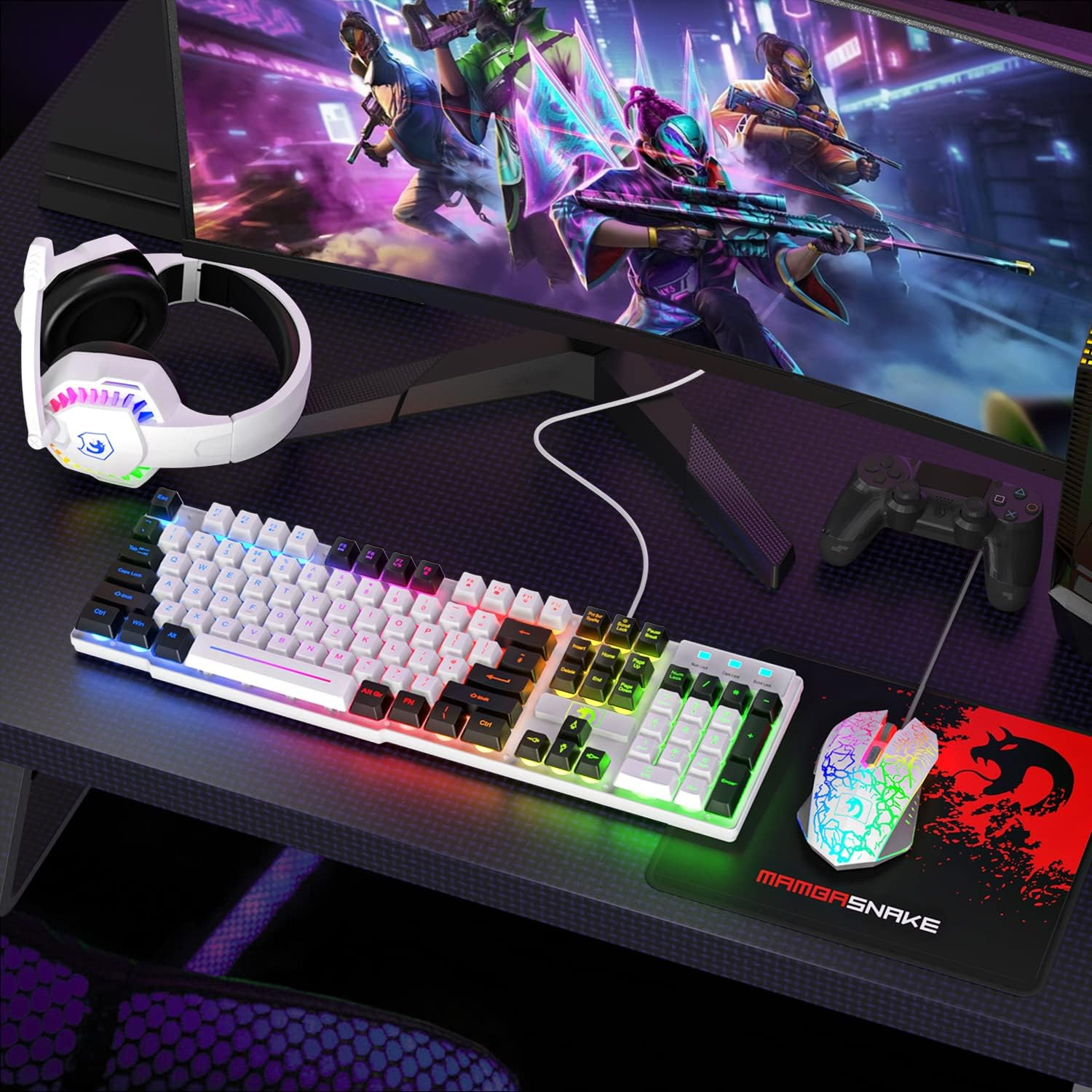 Wired Gaming Keyboard and Mouse and Mouse Pad and Gaming Headset,Rainbow LED Backlit Keyboard,Over Ear Headphone with Mic,Gaming Mice,Mouse Pad,For PC Gamers and Xbox and Ps4(White/Black)