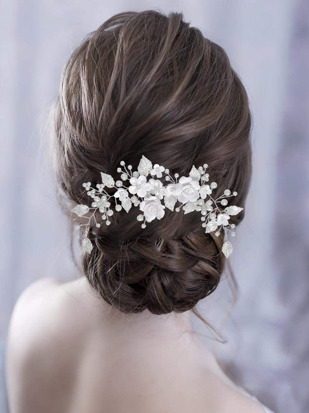 Norhogo Bridal Hair Vine, Flower Wedding Hair Vine, Silver Bridal Headpiece, Pearl Accessories for Women and Girls, Silver Flower Headband with Leaves and Crystal Beads