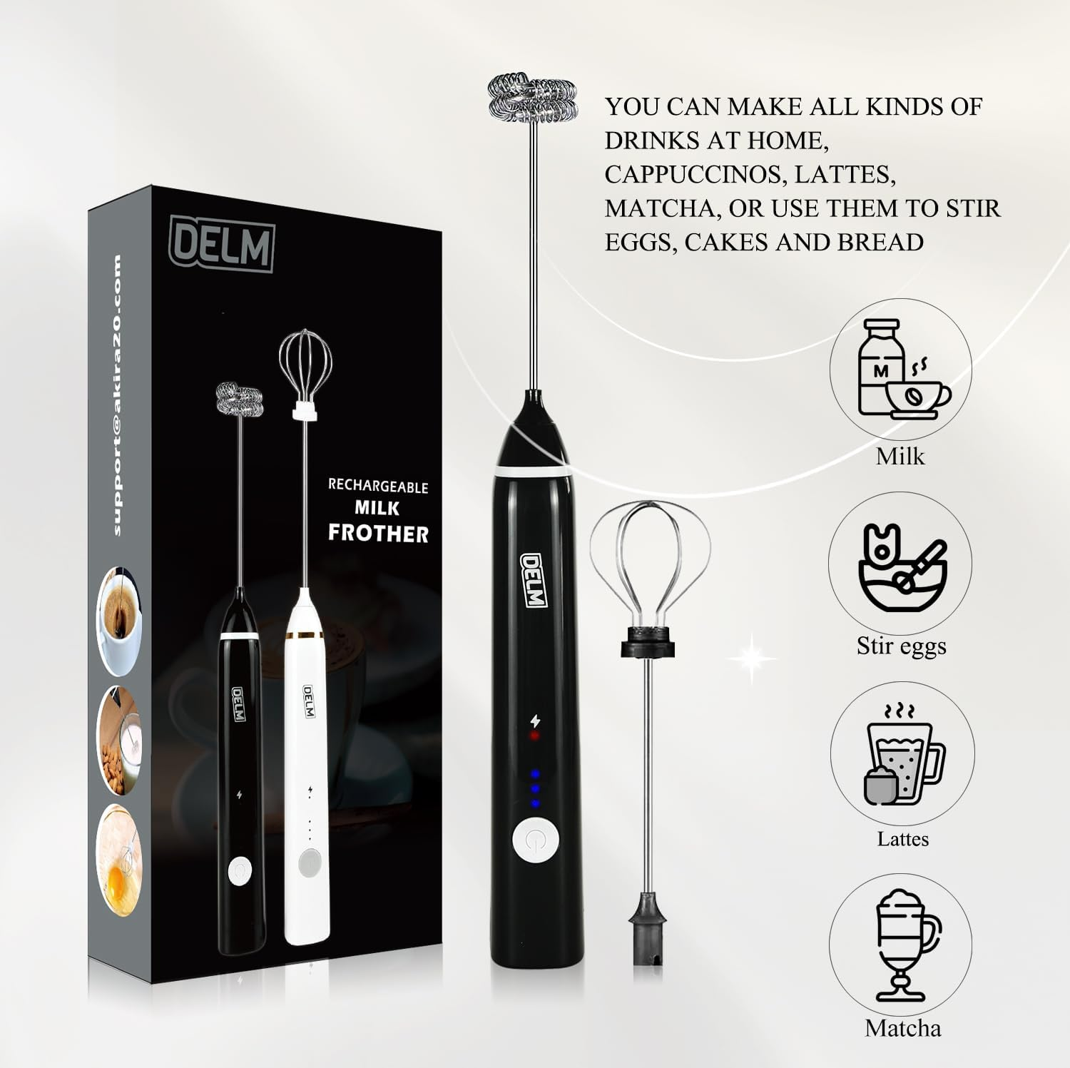 DELM Rechargeable Milk Frother Handheld Foam Maker with Stainless Whisk for Cappuccino, Latte, Bulletproof Coffee, Keto Diet, Protein Powder, Matcha image number 3