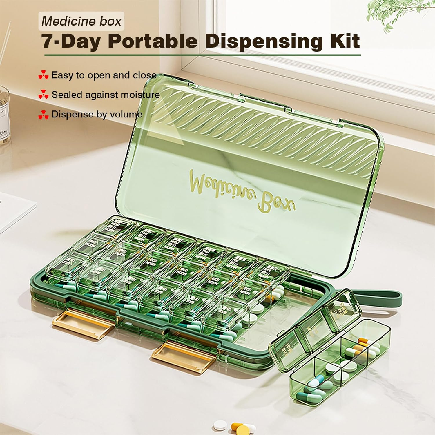 7-Day Pill Organiser Weekly |3-Times-A-Day| Portable Pill Box 7 Day (Green, 24X14X3Cm)