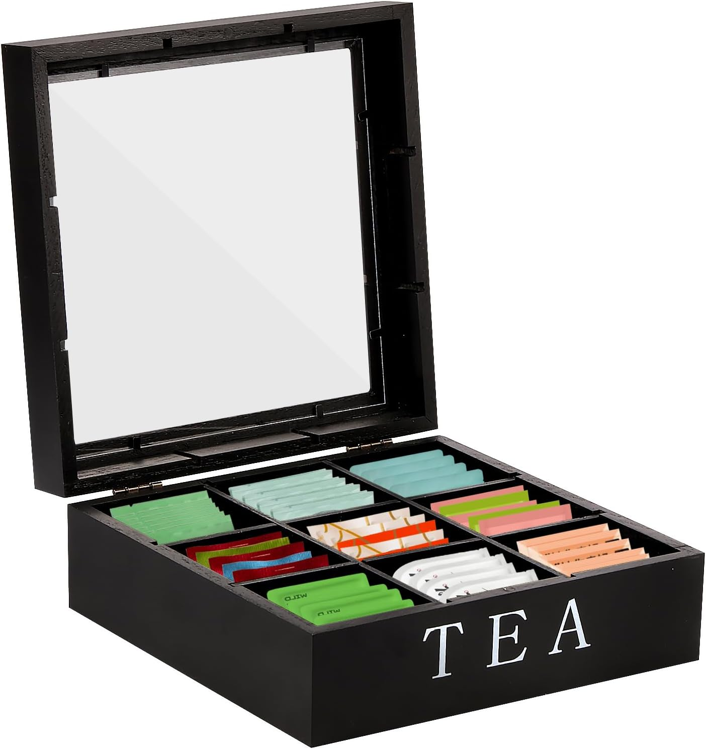 Awobepl Tea Bag Organizer Wood Tea Bag Holder with Clear Lid 9 Compartments Tea Caddy Practical Tea Organizer Caddy Large Capacity Tea Bag Box for Home Office (Black)