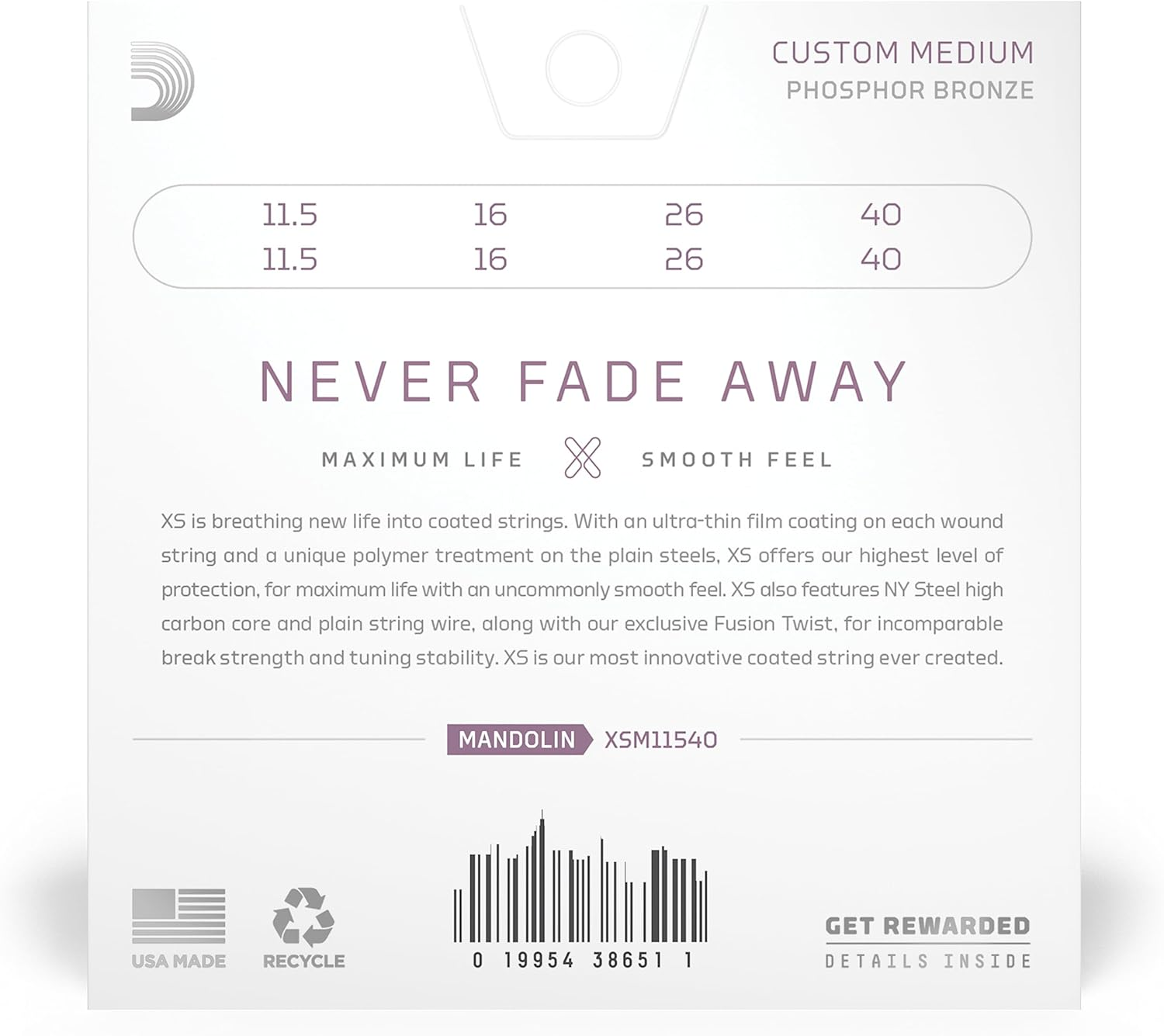 D'Addario Mandolin Strings - Coated Mandolin Strings - XS Phosphor Bronze - for 8 String Mandolin - Maximum Life, Smooth Feel - XSM11540 - Custom Medium, 11.5-40 image number 3