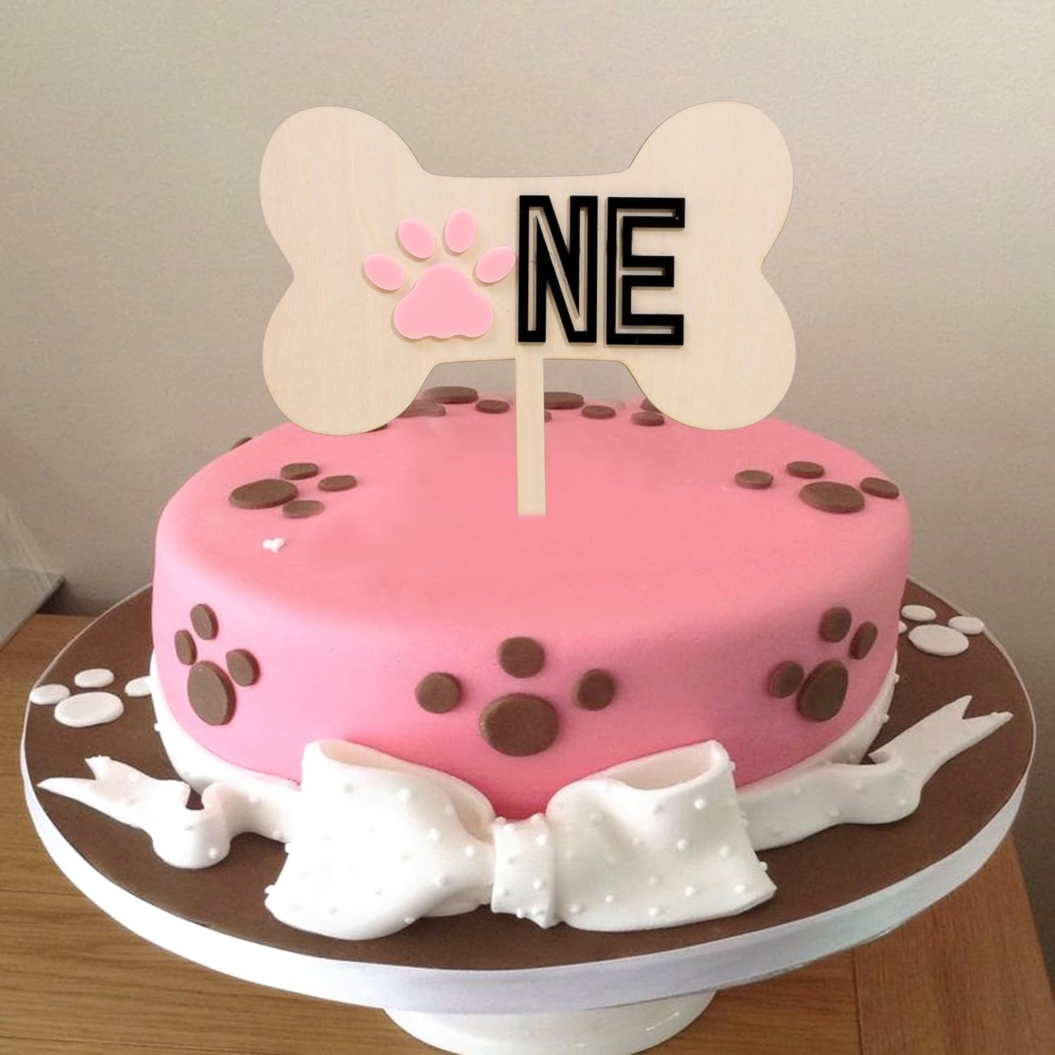 ONE Dog Bone Wooden Cake Topper &ndash; Pink Paw First Birthday Decoration &ndash; Rustic Cake Sign for Baby or Pet-Themed Party &ndash; 7 Inch image number 6