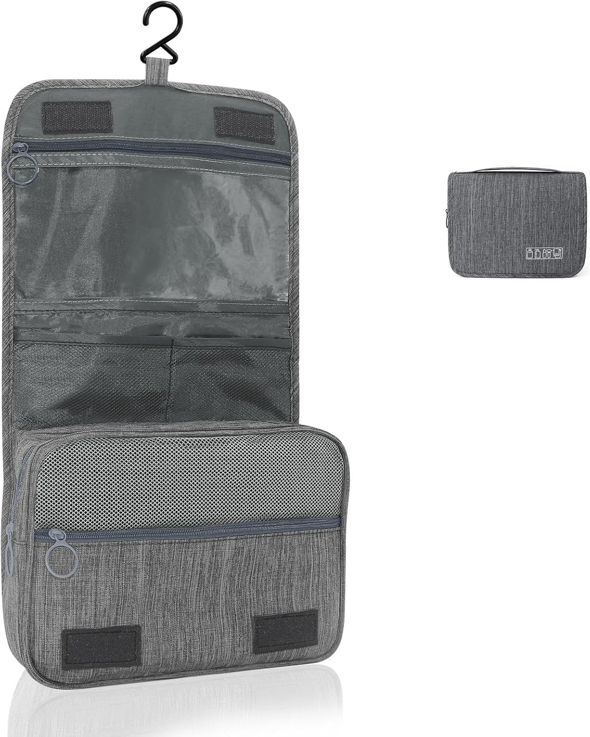 Hanging Toiletry Bag, Foldable Travel Toiletry Bag, Cosmetic Wash Bag with Zipper Carry Handle, Waterproof Makeup Bag Organizer Pouch for Men and Women Grey