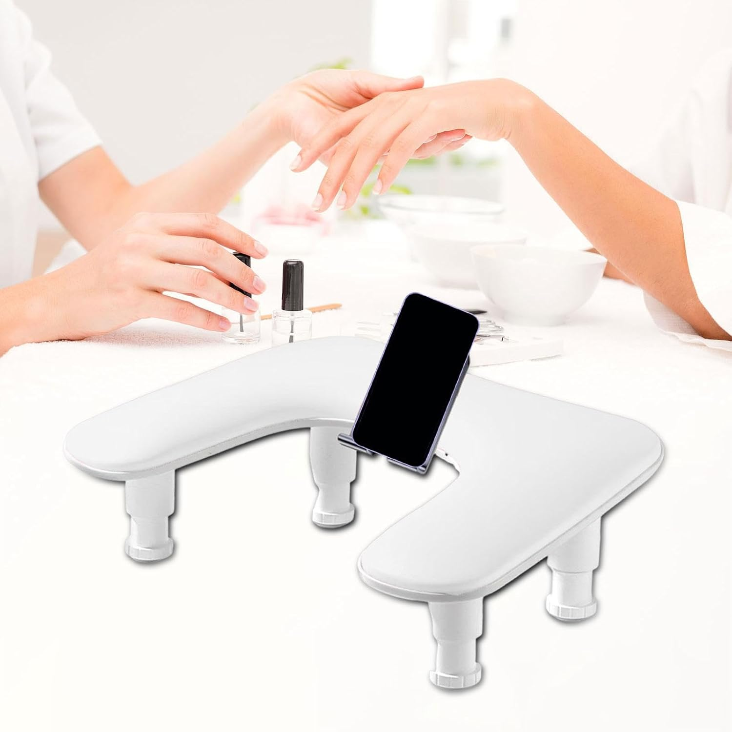 Perfeclan Nail Arm Rest Adjustable Height Premium Hand Cushion Durability Manicure Tool U Shaped with Phone Holder Nail Hand Rest Stand, White - Pink image number 3
