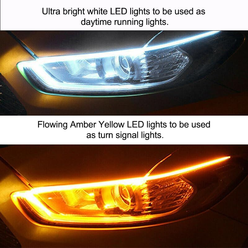 Leona Co 2PC Car LED Strip Lights, 60Cm Flexible LED Headlight Strips Dual Color White-Yellow Turn Signal Lights IP65 Waterproof Car Daytime Running Light Strip for Truck SUV image number 1