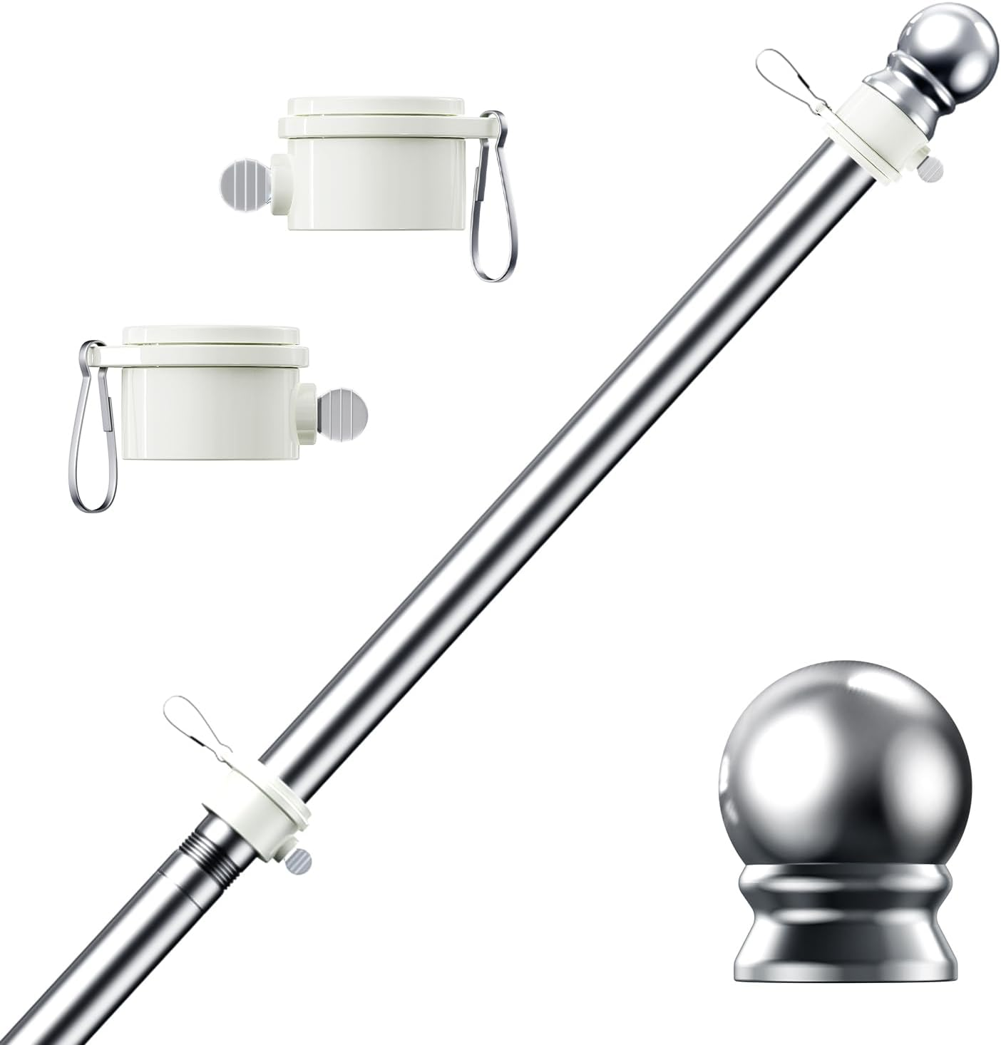 PHITRIC Flag Pole, Tangle Free Spinning Stainless Steel Rustproof Flagpole for 3X5 Sports Fan Outdoor Flags for outside House (Silver, 5FT, without Bracket)