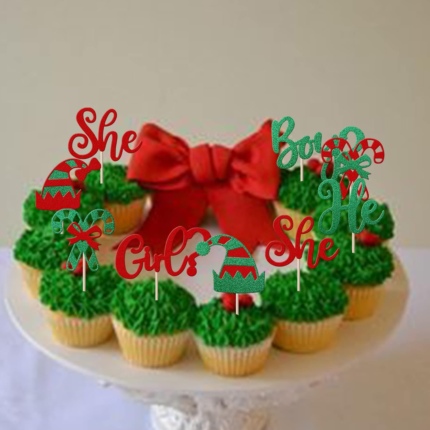 24 Pack Christmas Boy or Girl Cupcake Toppers Glitter He or She Christmas Elf Cupcake Picks for Gender Reveal Theme Baby Shower Birthday Christmas Party Cake Decorations Supplies image number 5