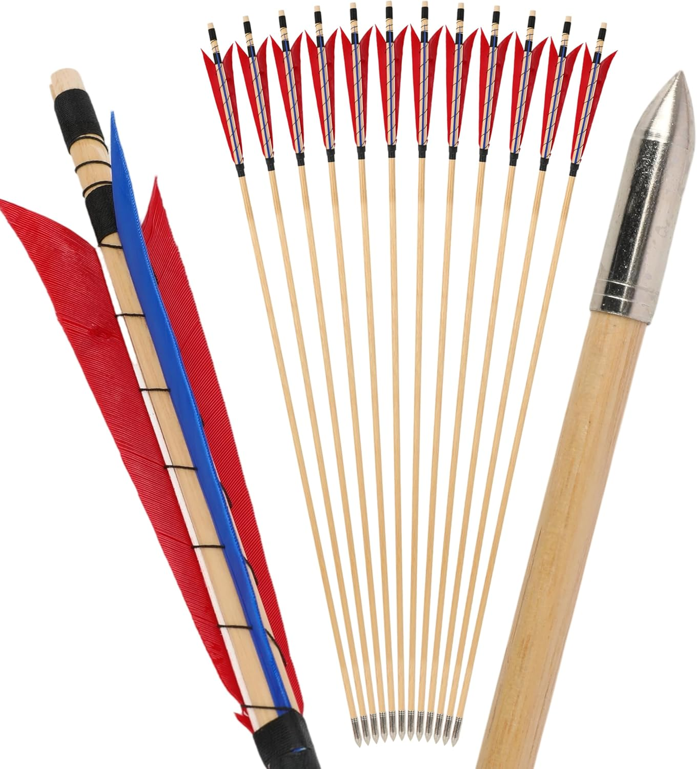 32 Inch Wooden Arrow English Longbow Arrow Target Pracrice Arrow Shaft with 5" Turkey Feather Fletching and Field Point for Recurve Bow Longbow Traditaonal Bow - 6Pcs, 2 Red 1 Bule