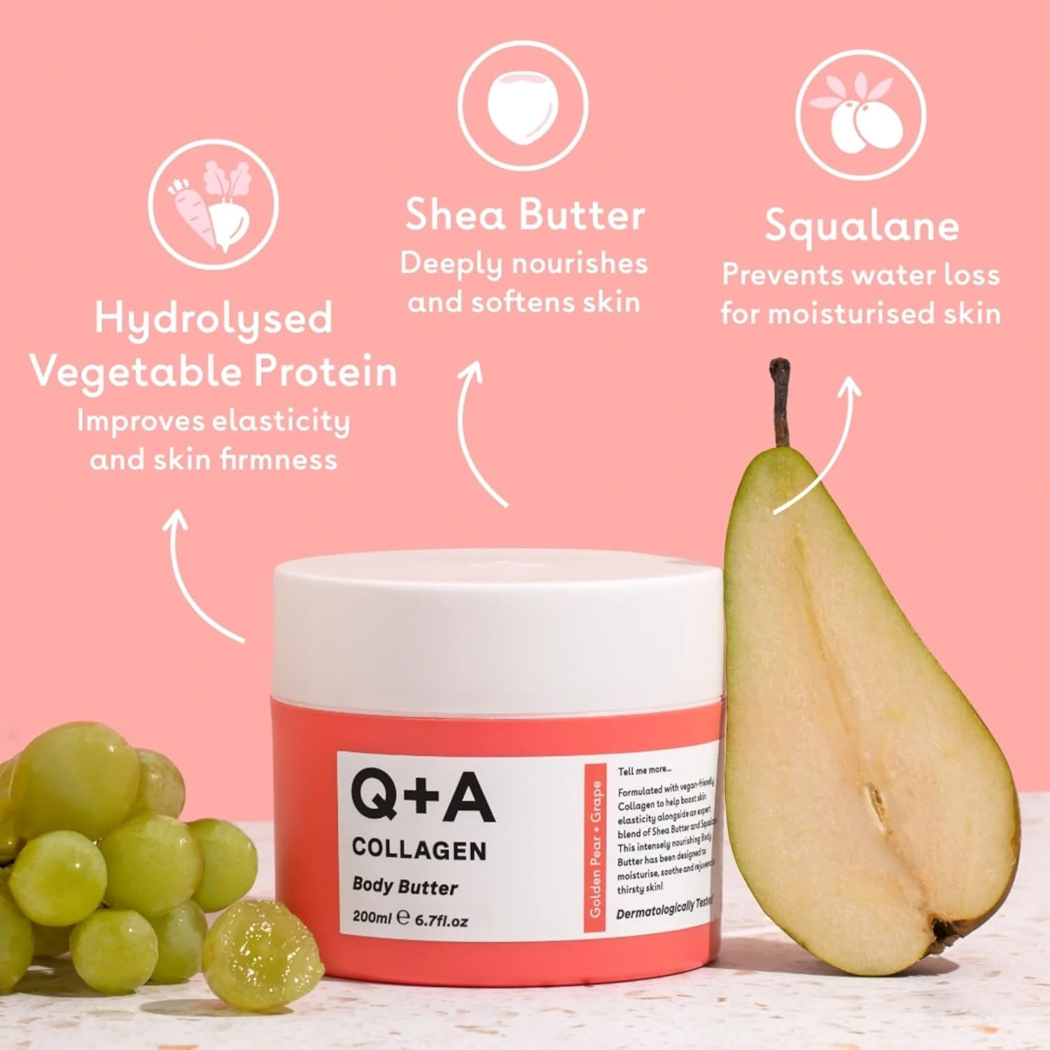 Q+A Collagen Body Butter: Luxuriously Rich, Intensely Moisturising Vegan Formula with Hydrolysed Vegetable Protein, Shea Butter, Squalane, and Golden Pear and Grape Scent for Soft, Supple Skin, 200Ml image number 5
