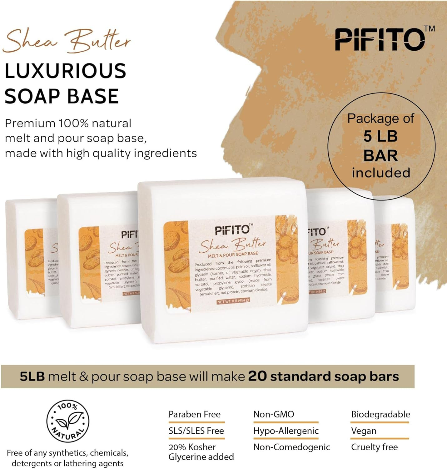 Pifito Premium Shea Butter Melt and Pour Soap Base (5 Lb) - Natural Vegetable Glycerin Base - Excellent Hand Soap Making Supplies image number 5