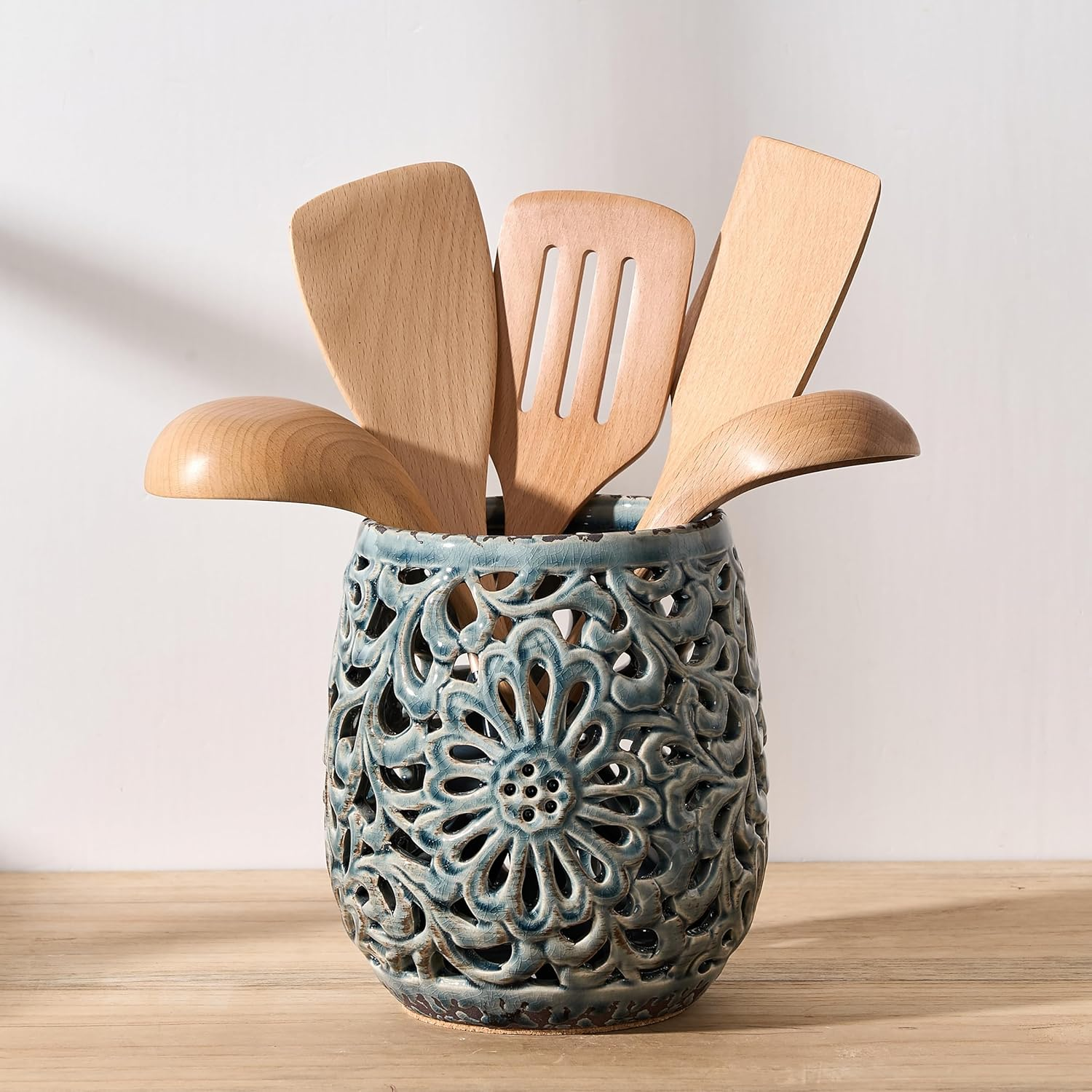 Farmhouse Kitchen Utensil Holder for Kitchen Counter, Ceramic Large Cooking Utensil Crock with Cork Mat, Countertop Cooking Tool Spatula Organizer, Antique Grayish Blue