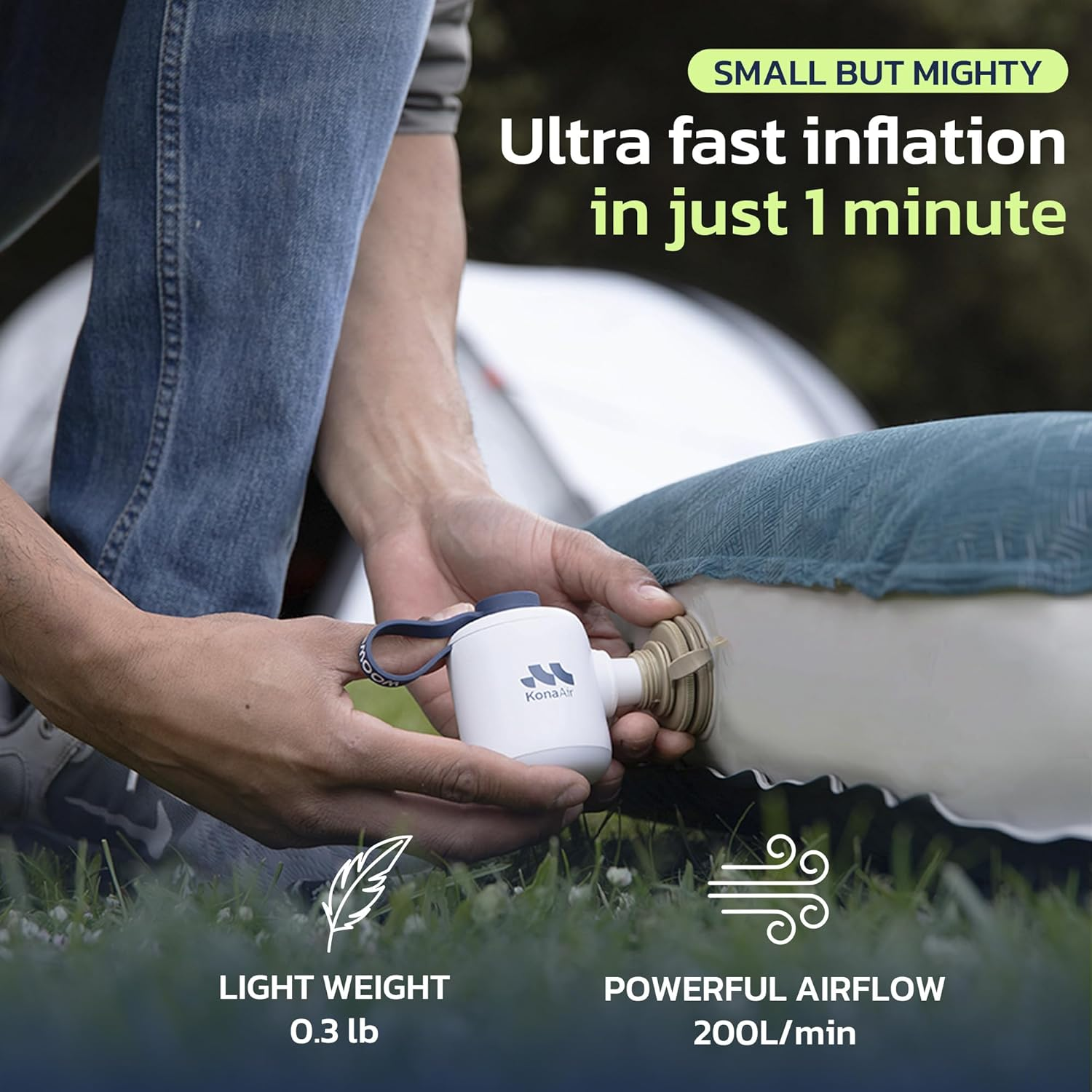 Woowind Kona Air Mattress Pump &ndash; Mini Air Pump for Inflatables, Cordless & Rechargeable, 200L/Min Flow, Inflates/Deflates Beds, Floats, Tents, with 10-Hour LED Light, Ultra-Portable Palm-Size image number 5