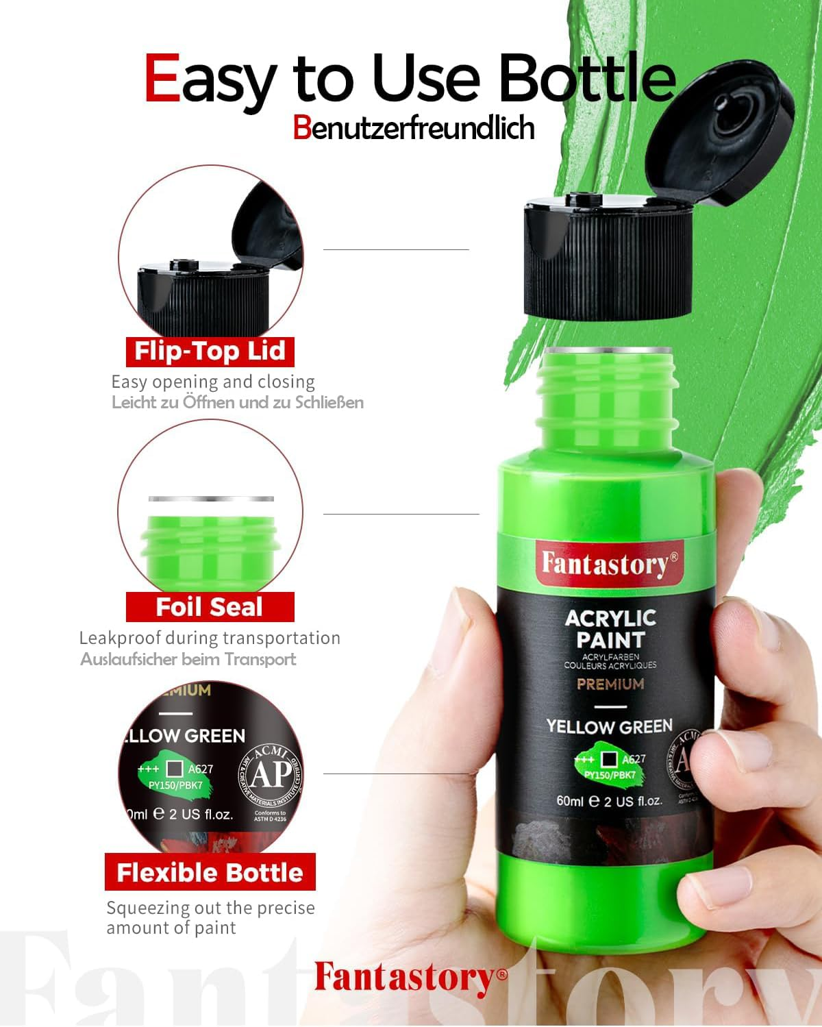 Fantastory Oster Acrylfarben Set 24X 60Ml,12 Pinsel;Exzellente Deckkraft,Hohe Lichtechtheit,Wasserfest Acrylic Paint;F&uuml;r Leinwand,Holz,Keramik,Modelle;K&uuml;nstler,Profis,Anf&auml;nger[Professionelle Serie image number 4