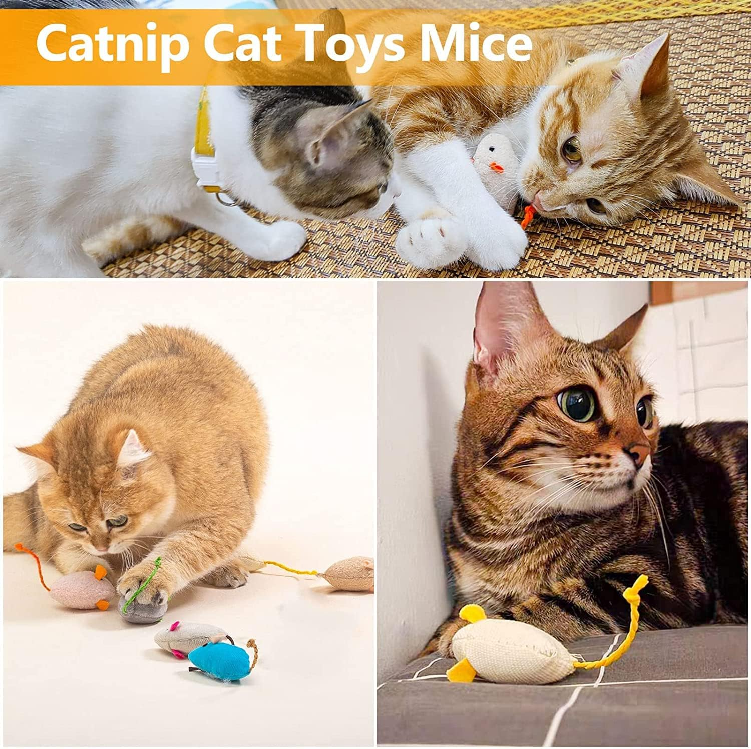 3 Cat Toys, Cat Chew Toys, Chew Resistant Catnip Toys, Catnip Filled Mice, Cat Teething Toys(White Yellow)
