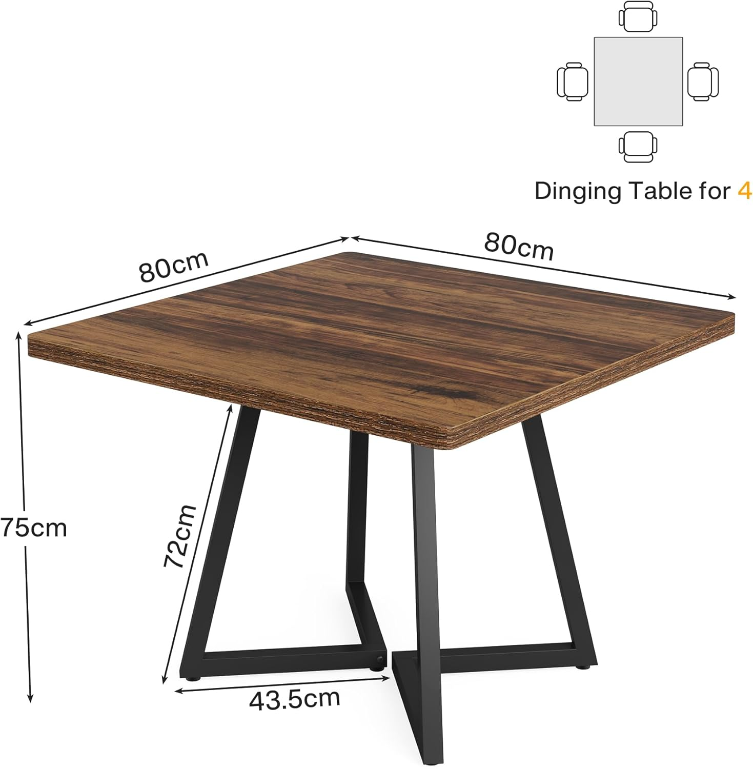 Tribesigns Square Dining Table for 4, 80 Cm Industrial Dinner Table with Metal Base, Wood Kitchen Table for Dining Room, Small Space, Apartment, Rustic Brown & Black image number 6