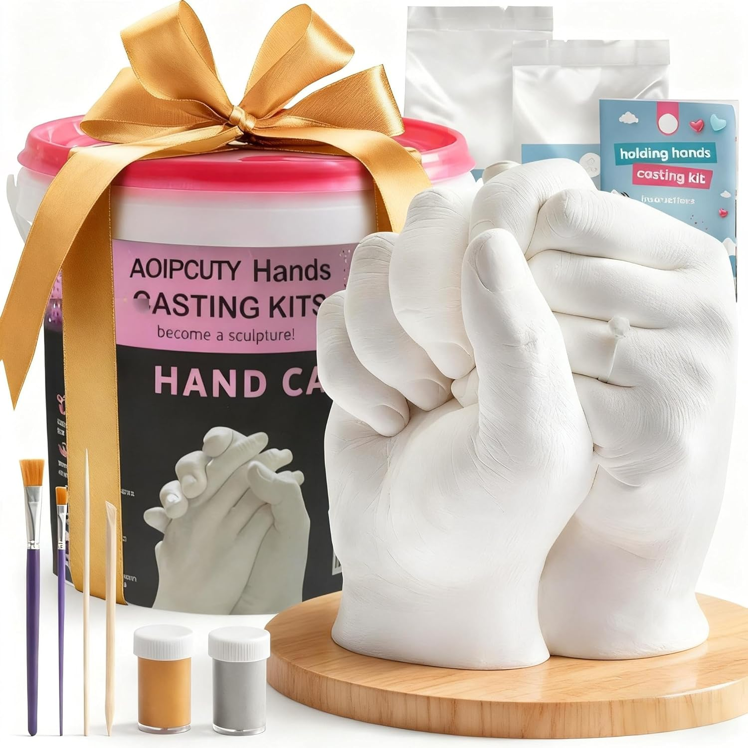 Couples Hand Casting Kit with Wooden Support, DIY Plaster Mold Keepsake for Hands, Perfect Wedding, Anniversary, Birthday, and Valentine&rsquo;S Day Suitable for Him and Her image number 6