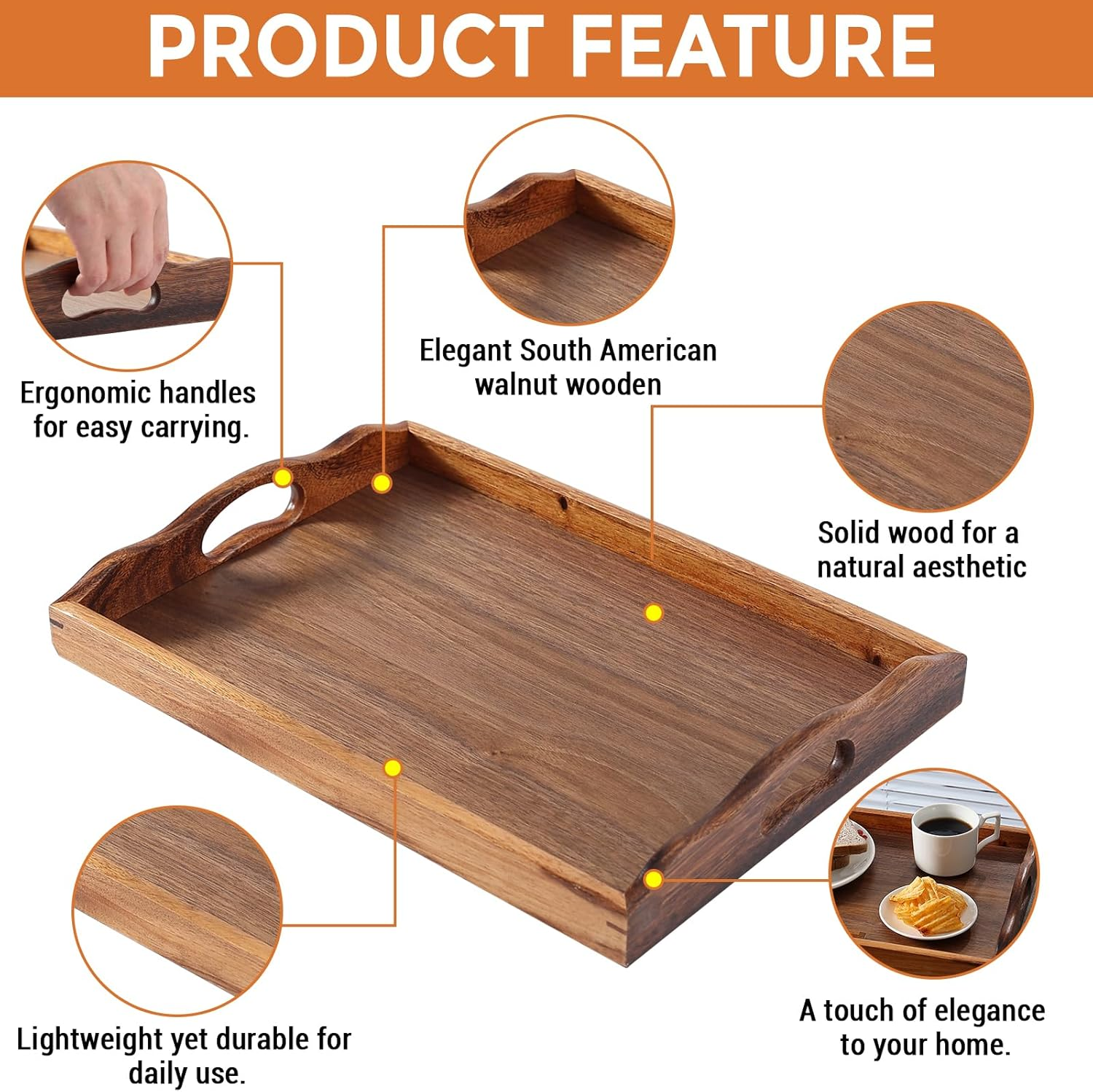 MOOKOMI Nature Walnut Wooden Serving Tray with Handles, Solid Wood Food Tray for Coffee, Breakfast, Dinner, Ottoman,16.6X11.8X2.4 Inches image number 3