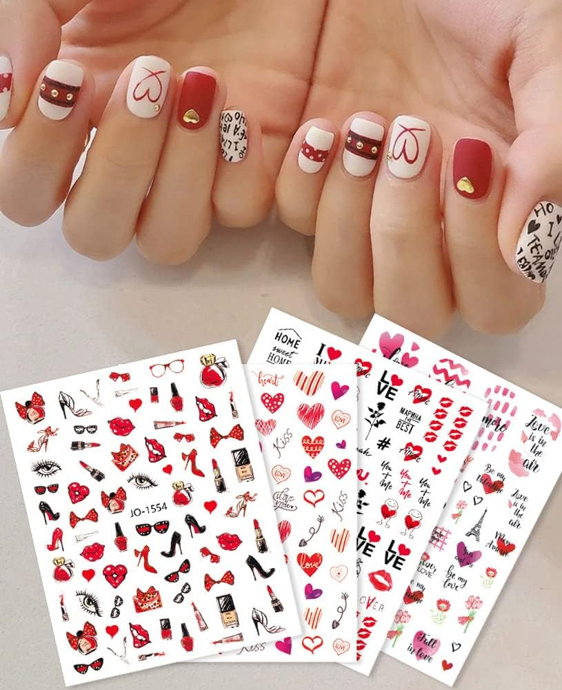 12 Sheets Valentine'S Day Nail Art Stickers Decal 3D Heart Nail Decals Self-Adhesive Red Sexy Lips Love Rose Kiss Angel Letter DIY Nail Design Sticker Nail Supplies Manicure Decoration for Women Girls image number 5