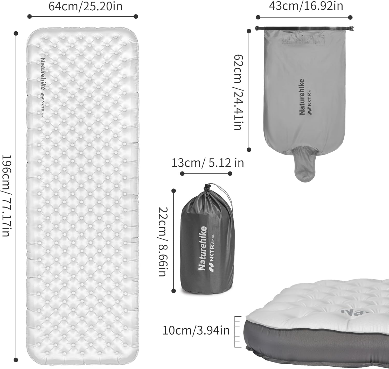 Naturehike TUYE 6.5 Ultralight Inflatable Sleeping Pad, Ultralight Camping Portable Sleeping Pad (Carbon Silver/Square/196 * 64CM) image number 6