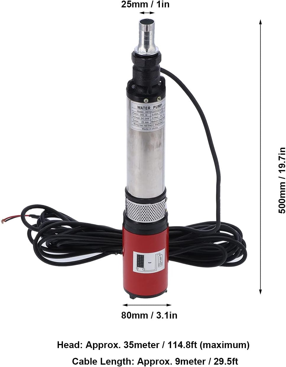 Deep Well Submersible Pump, DC 24V Solar Water Pump 114.8Ft Head Large Flow High Lift 5 M&sup3;/Hour Flow Rate, Submersible Deep Well Pump Battery Solar Brass Motor for Industrial and Home Use image number 4