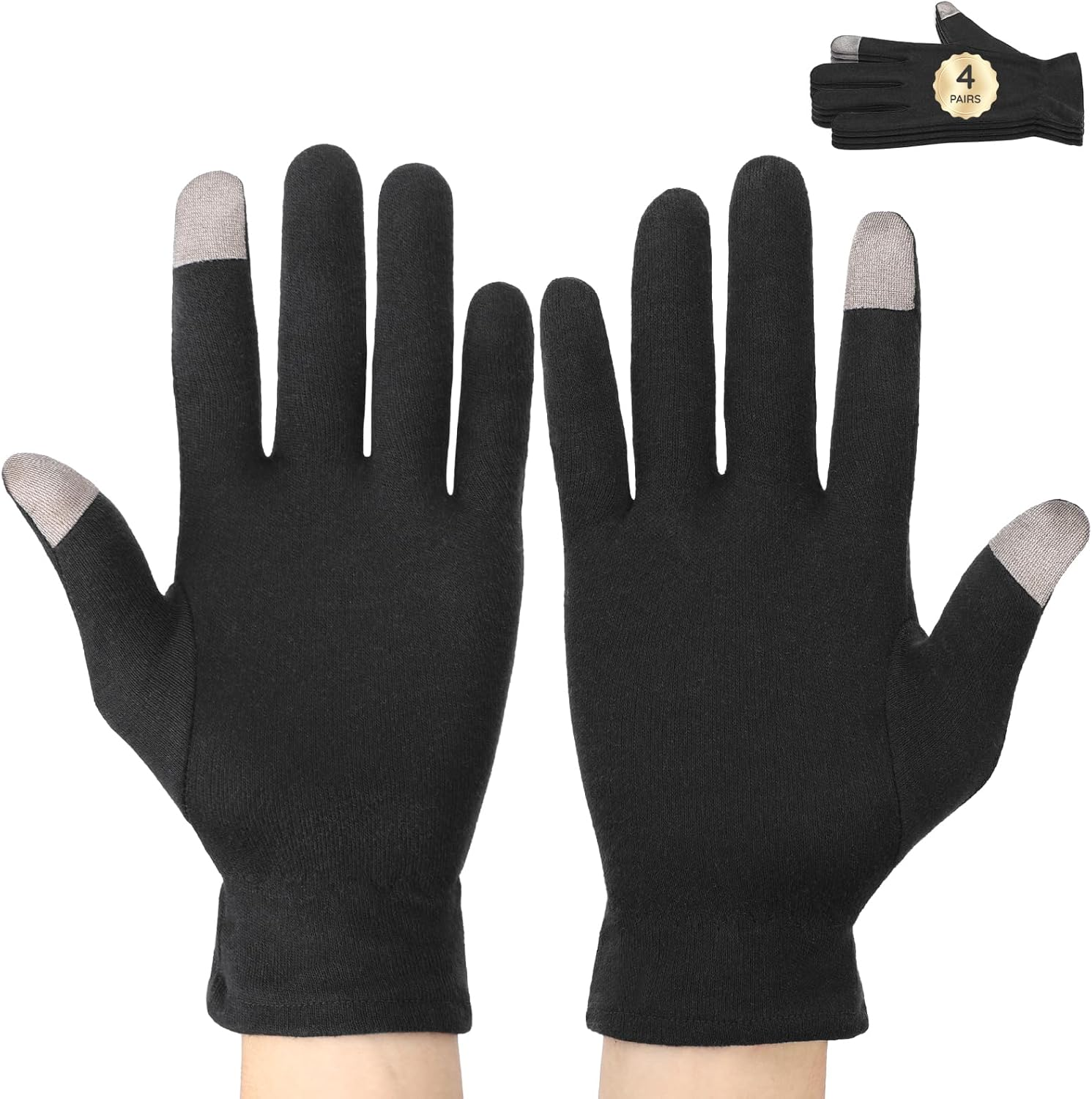 Segbeauty 8 Counts Black Cotton Gloves Touchscreen for Women and Men, 4 Pairs Hand Moisturizer Gloves with Elastic Band, Soft Sleeping Glove for Dry Hands Overnight, Spa Lotion Cotton Glove Liners image number 5