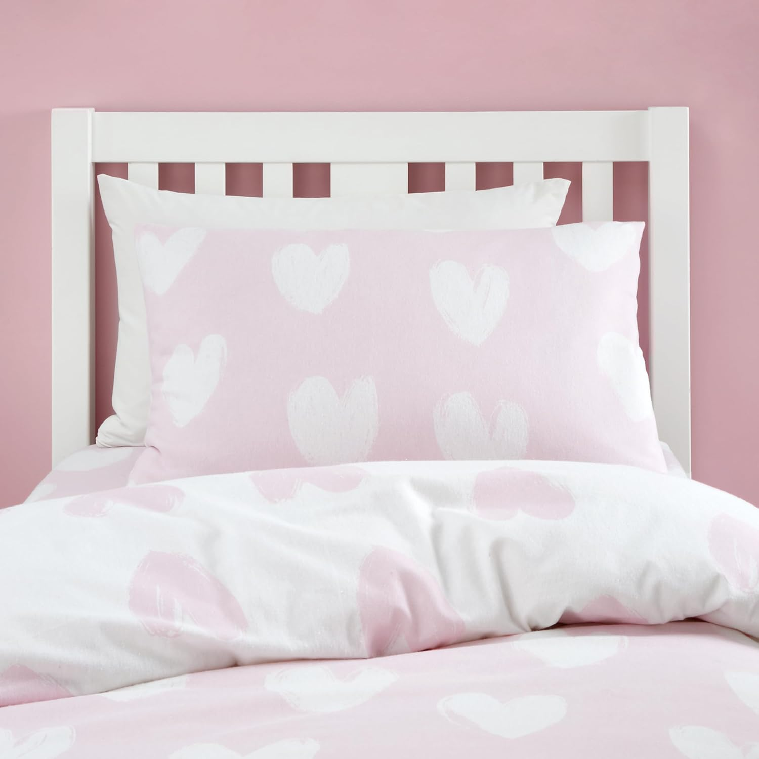 Catherine Lansfield Brushed Cotton Hearts Reversible Single Duvet Cover Set with Pillowcase Pink