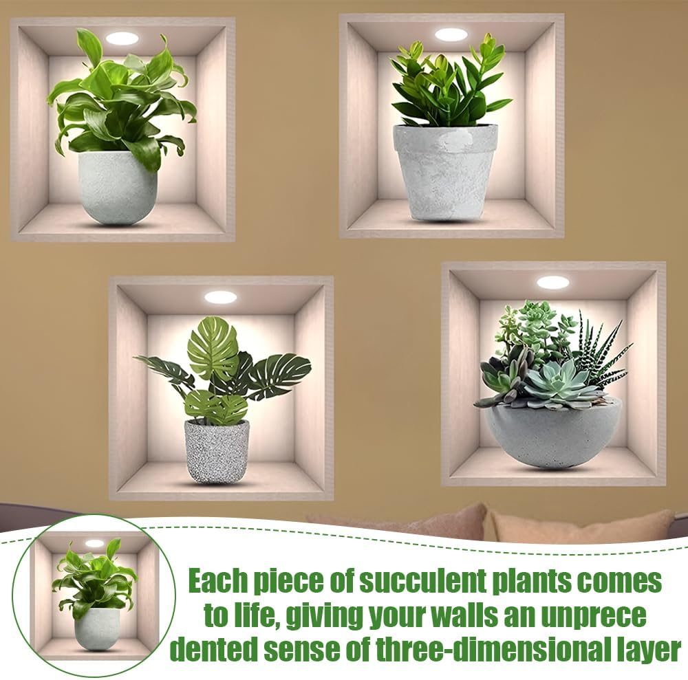 4 Pcs Green Pot Plants Leaves Wall Decals, 3D Bonsai Plant Wall Sticker, Living Room Dining Room Bedroom Decor, 30 * 30Cm, Peel and Stick image number 2