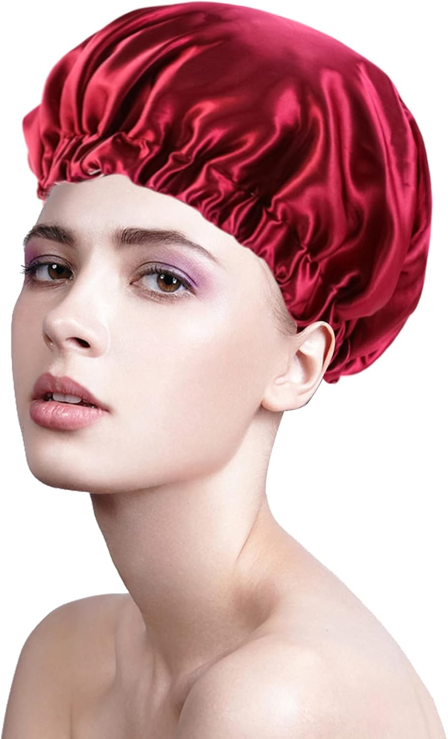 2 Pcs Satin Hair Bonnet Sleep Cap Night Hat Sleeping Head Cover with Elastic Wide Band for Women Girls for Braids Natural Long Hair, Curly Hair (Black & Wine Red) image number 3