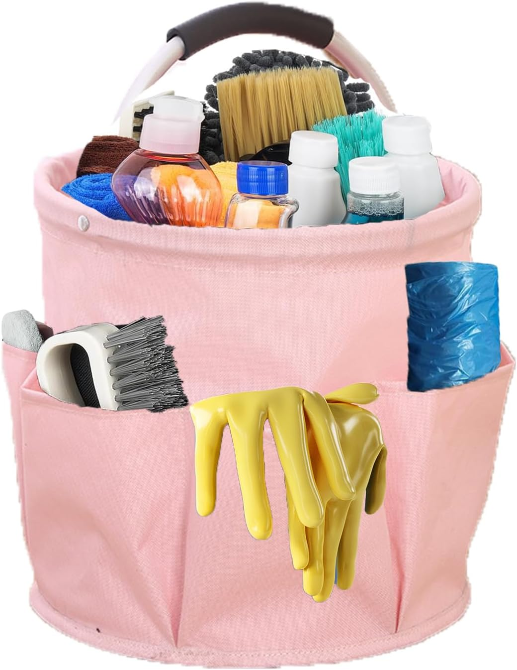 Cleaning Supplies Organiser, Cleaning Bag, Foldable Cleaning Bag, Cleaning Bag, Cleaning Agent Organiser Portable with Handle and Six Pockets for Indoor, Garden, Bathroom, Black (Pink) - Black image number 7