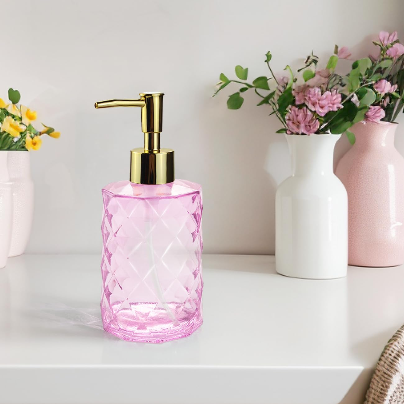 Pink Glass Hand Soap Dispenser with Gold Plastic Pump, Liquid Lotion Dispenser for Bathroom, Dish Dispenser Bottle for Kitchen Sink image number 5