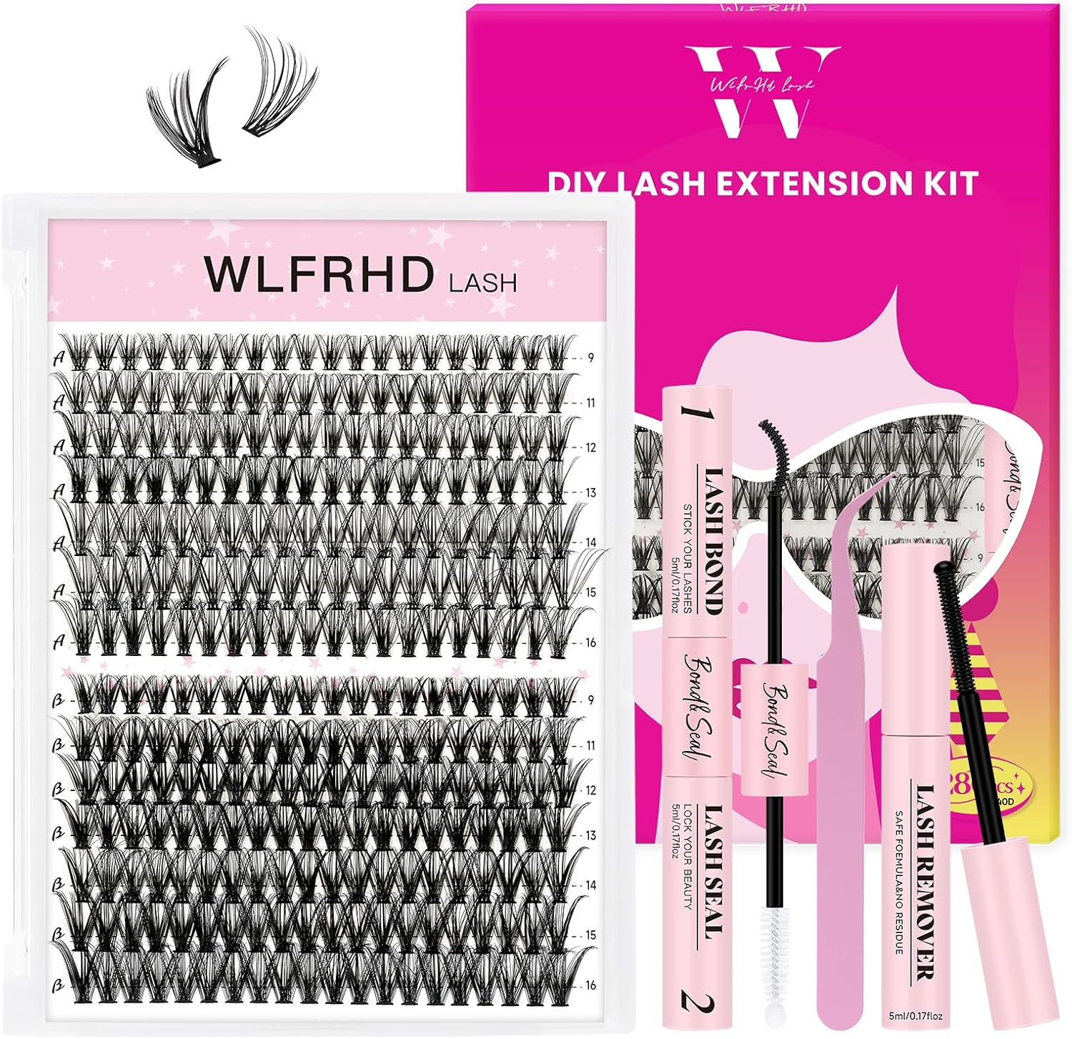 WLFRHD Lash Clusters Kit Individual 280PCS Lashes Eyelash Clusters DIY Cluster Eyelashes Kit Natural Eyelash Extension Kit with Lash Bond and Seal, Eyelashes Remover and Tweezers(30D+40D-Mix9-16Mm Kit) image number 1