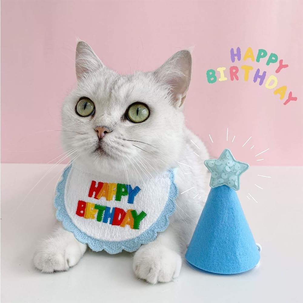 Dog Birthday Hat Cat Pet Supplies Scarf Set for Small Dogs and Cats, Cat Birthday Bandana Cute Dog Hat Pets Party Supplies Decorations Outfit for Cat and Dog (Pink A) - Blue image number 2