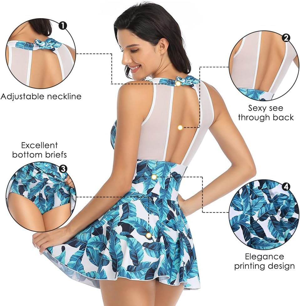 Autowt Women'S One Piece Swimsuits, High Neck Bathing Suits,Tummy Control Halter Modest Swimskirt，Digital Printing Tulle Skirt Ruched Swimsuits for Women (Medium) image number 4