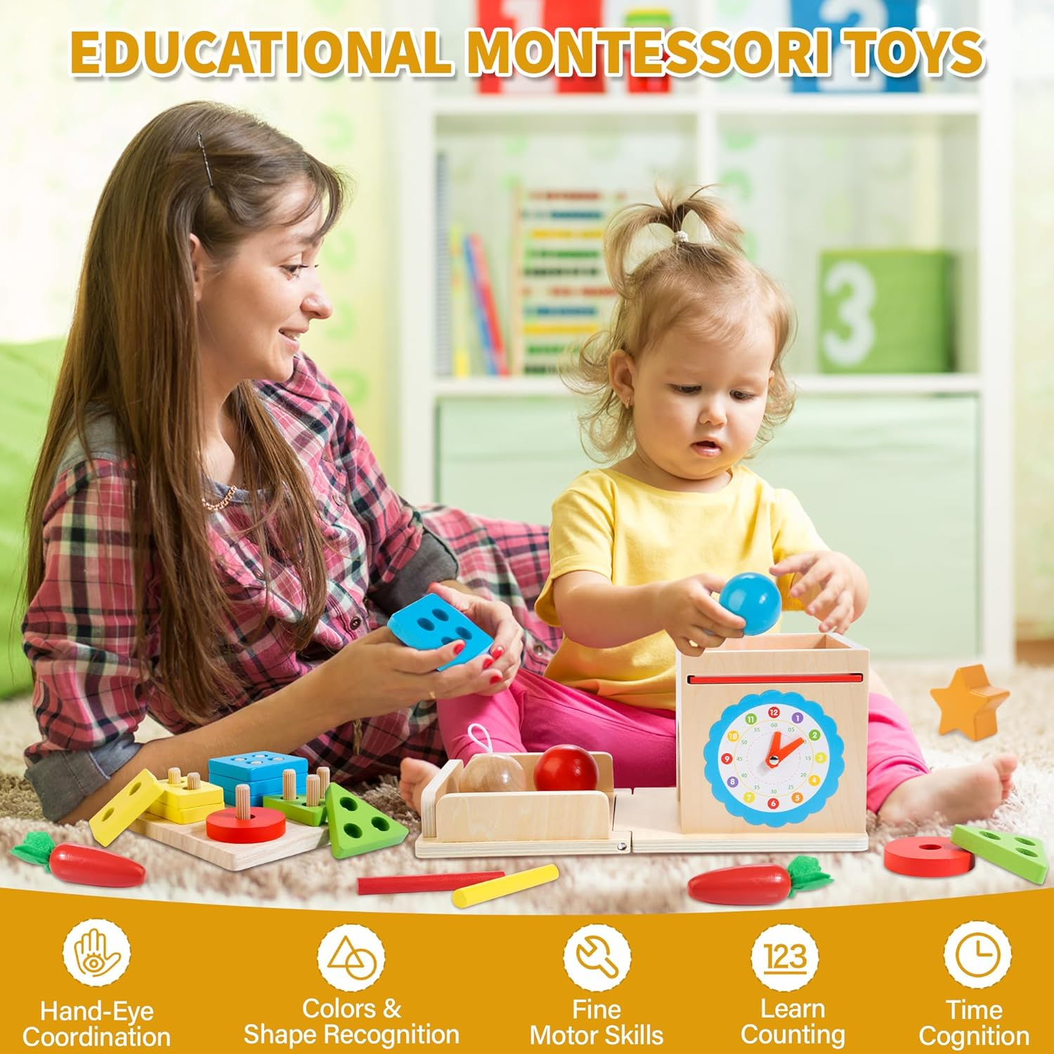 Wooden Montessori Baby Toys, 8-In-1 Wooden Play Kit Includes Object Permanent Box, Coin Box, Carrot Harvest, Shape Sorting & Stacking - Montessori Toys for Boys Girls Toddlers (Standard Edition) image number 4