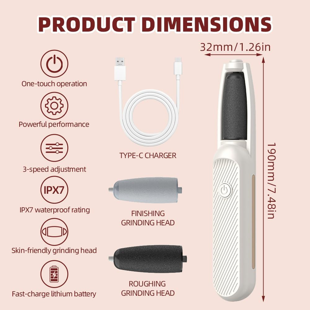 Electric Callus Remover, Electric Callus Remover with 6 Grinding Heads, 3 Speeds, Rechargeable Electric Callus Remover Feet, for Dead, Hard, Cracked Skin (White) image number 6