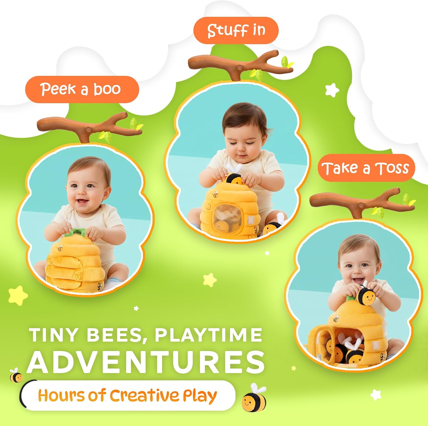 Nestoria Baby Plush Beehive Toy &ndash; Montessori Sensory Playset with 5 Soft Bees &ndash; Fine Motor Skill Development, Educational Plush Toy for Babies & Toddlers 6 12 36 Months | Baby Christmas Birthday Gift image number 4