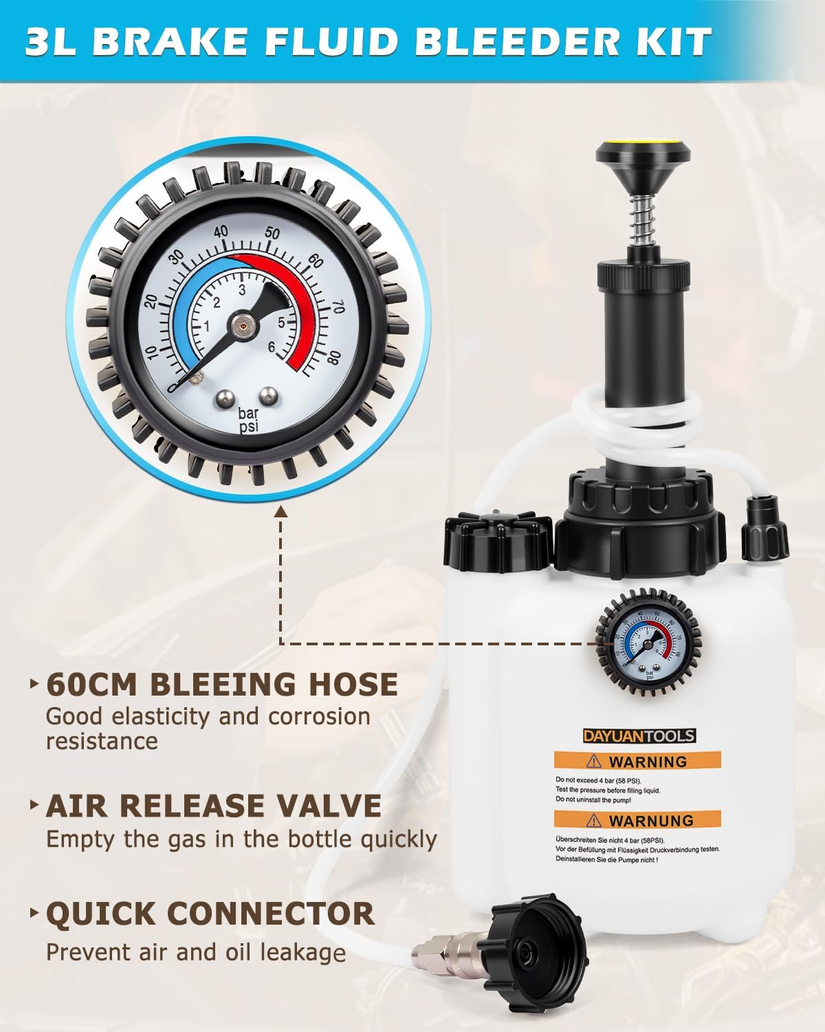 DAYUAN 3L Hand Brake Fluid Bleeder Bleeding One Man Tool Kit image number 3